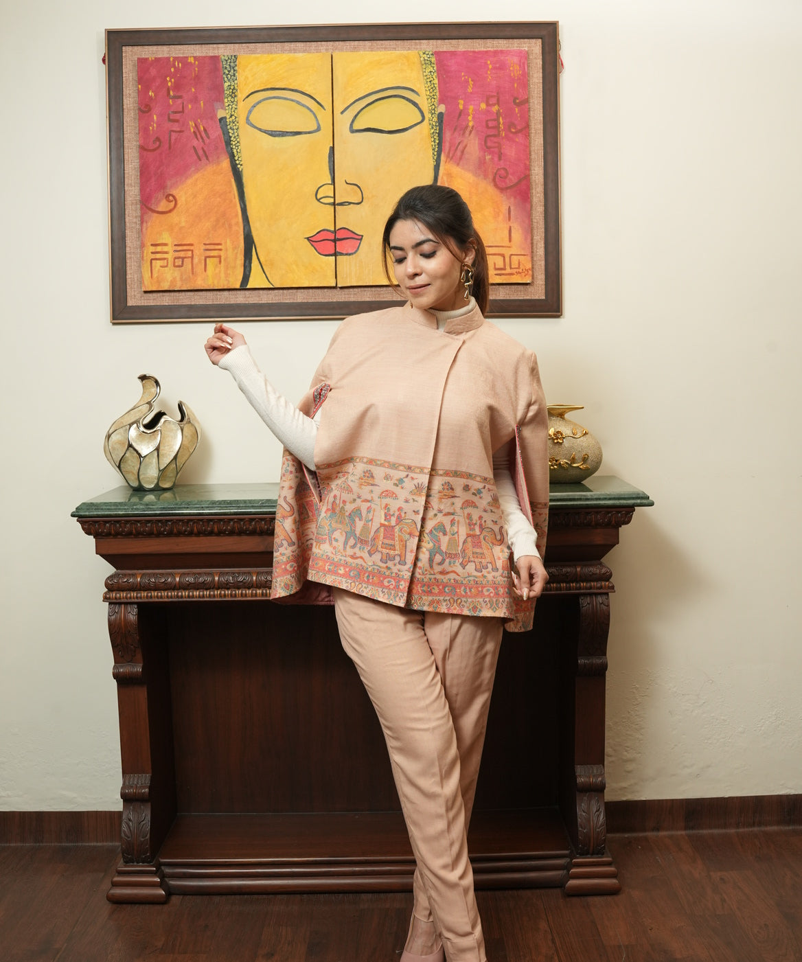 Majestic Pashmina Cape with Intricate hand embroidery and Coordinated Pants