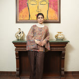 Beige & Brown Pashmina Coord Set with Flared Sleeves