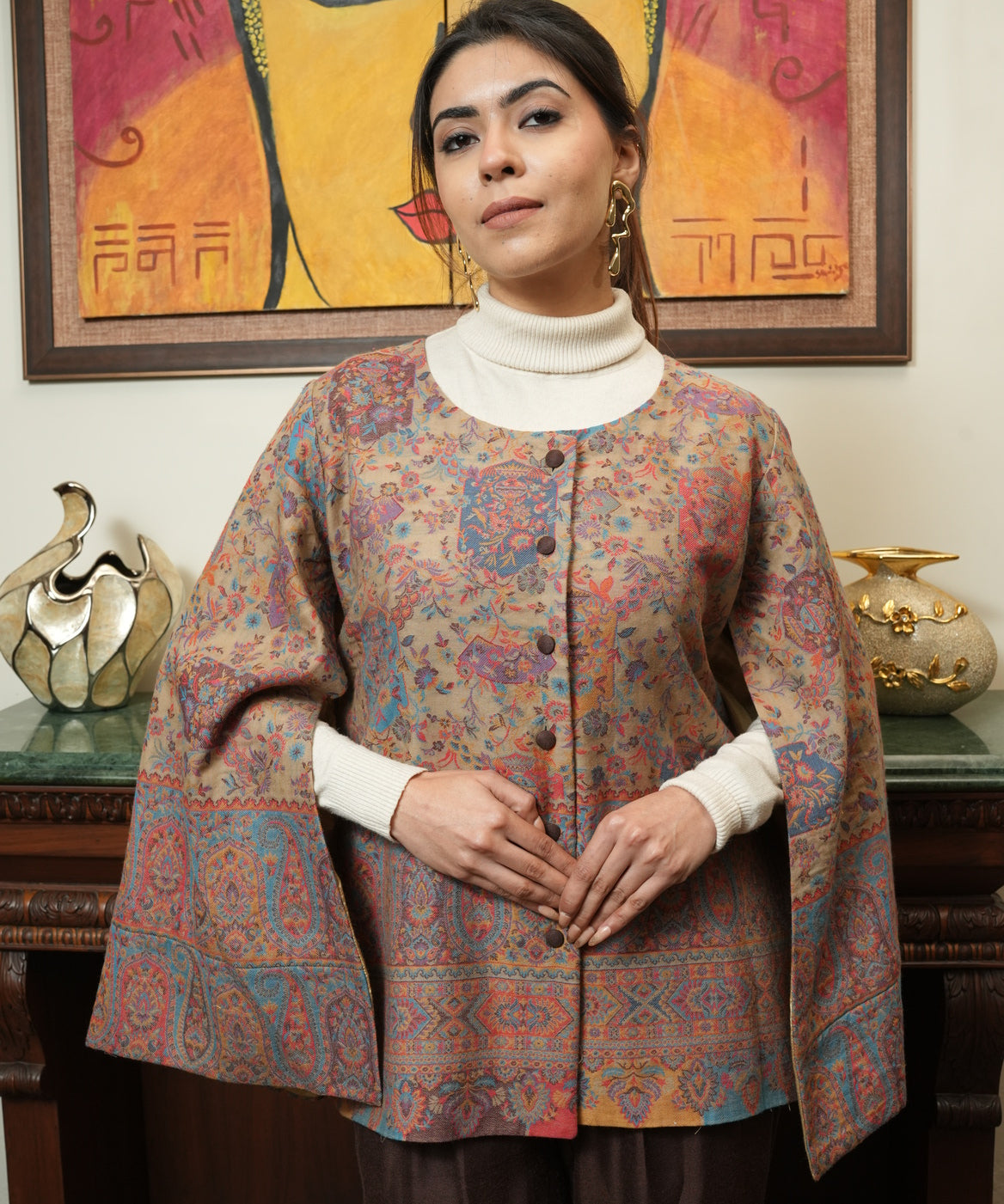 Beige & Brown Pashmina Coord Set with Flared Sleeves