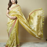 Lime Green Crush Tissue Saree with Intricate Thread Woven Border