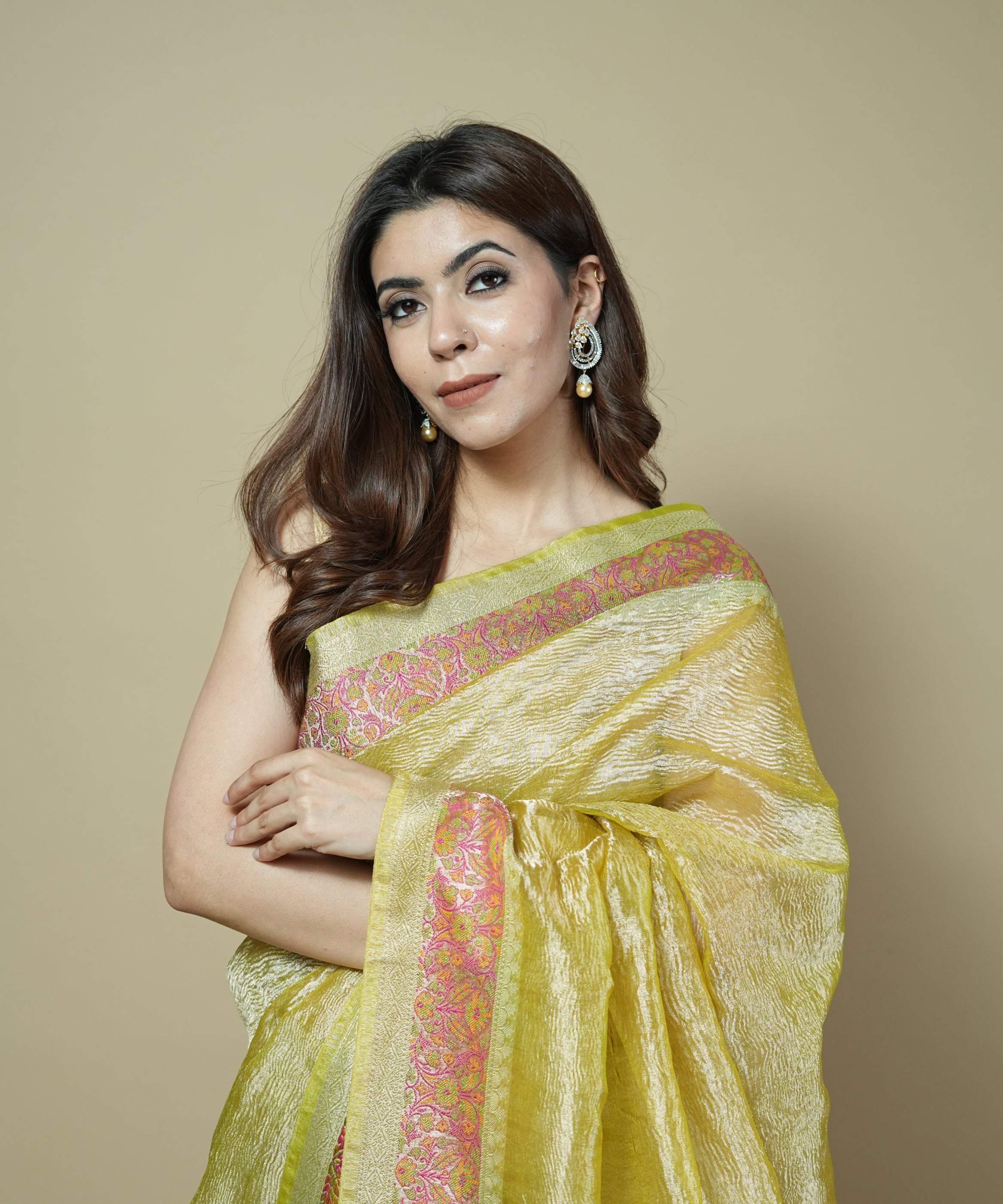 Lime Green Crush Tissue Saree with Intricate Thread Woven Border