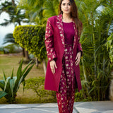 Maroon Banarasi Woven 3-Piece Coat Set