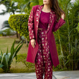 Maroon Banarasi Woven 3-Piece Coat Set