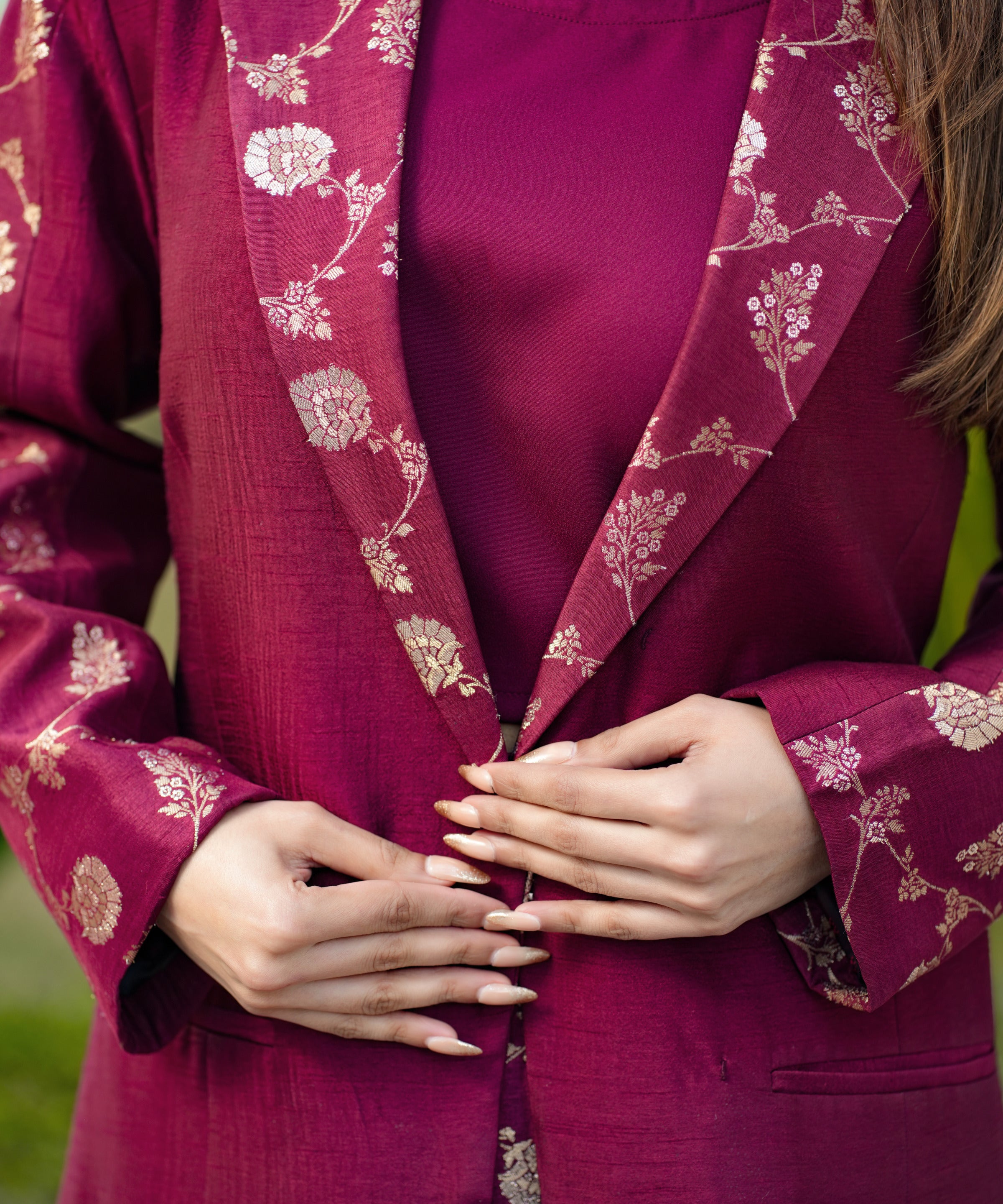 Maroon Banarasi Woven 3-Piece Coat Set