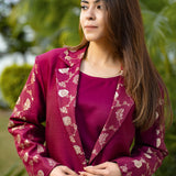 Maroon Banarasi Woven 3-Piece Coat Set