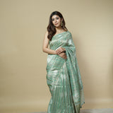 Tissue Saree in Blue-Green with Zari Stripes, Gold-Silver Weave