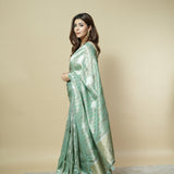 Tissue Saree in Blue-Green with Zari Stripes, Gold-Silver Weave