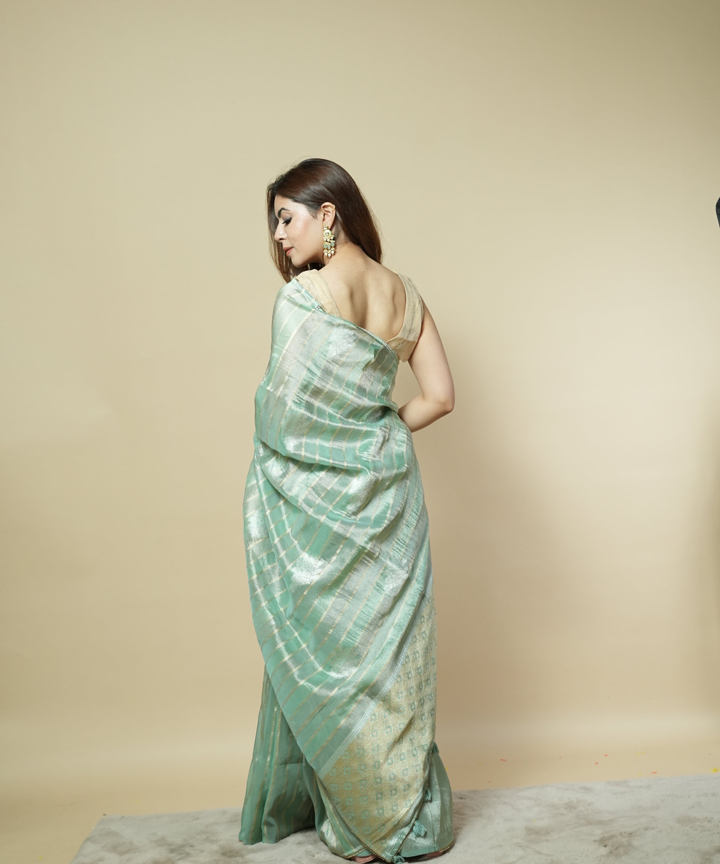 Tissue Saree in Blue-Green with Zari Stripes, Gold-Silver Weave