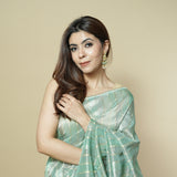 Tissue Saree in Blue-Green with Zari Stripes, Gold-Silver Weave