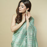 Tissue Saree in Blue-Green with Zari Stripes, Gold-Silver Weave