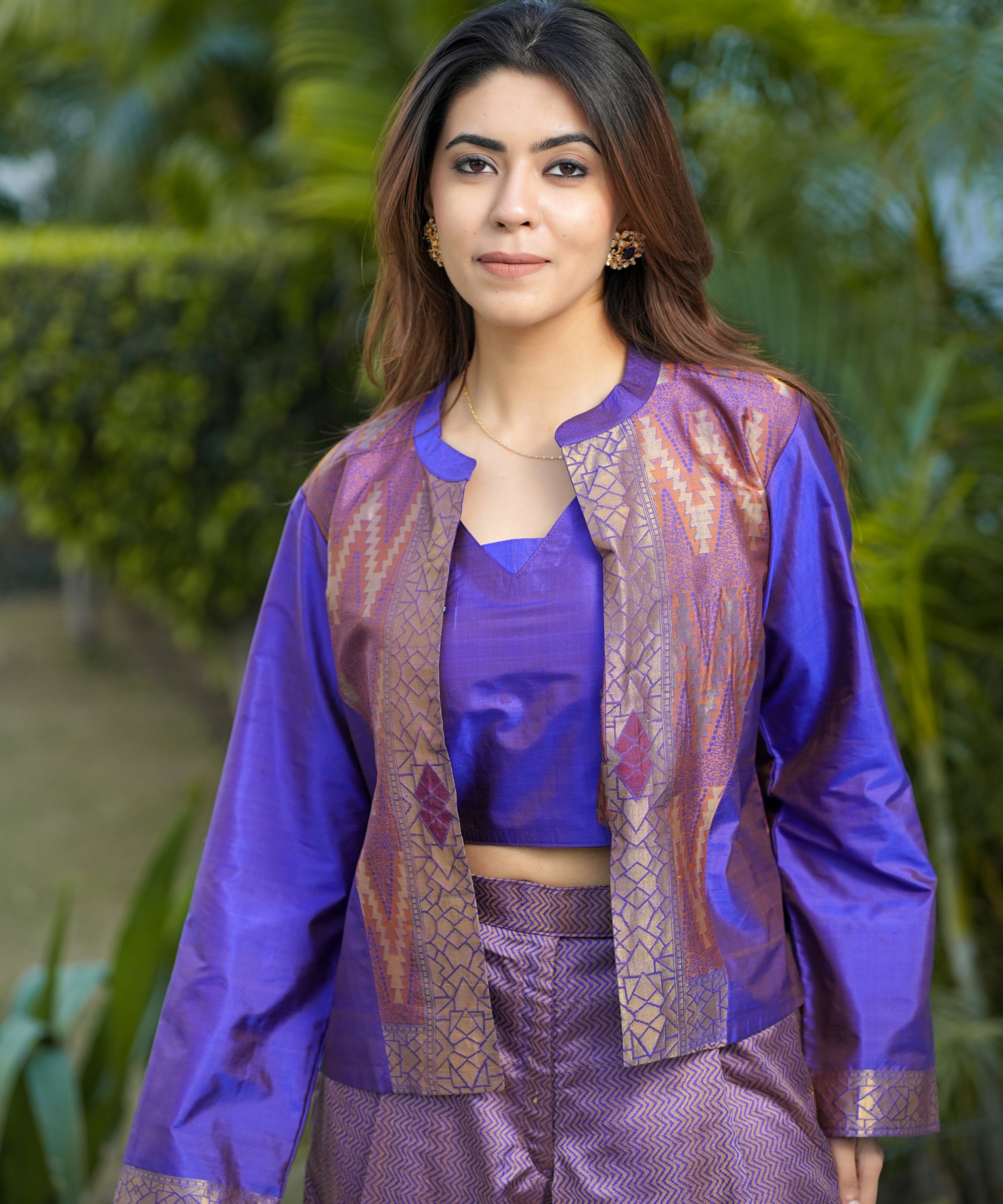 3-Piece Silk Set with Thread & Zari Woven Jacket and Pleated Pants
