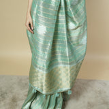 Tissue Saree in Blue-Green with Zari Stripes, Gold-Silver Weave