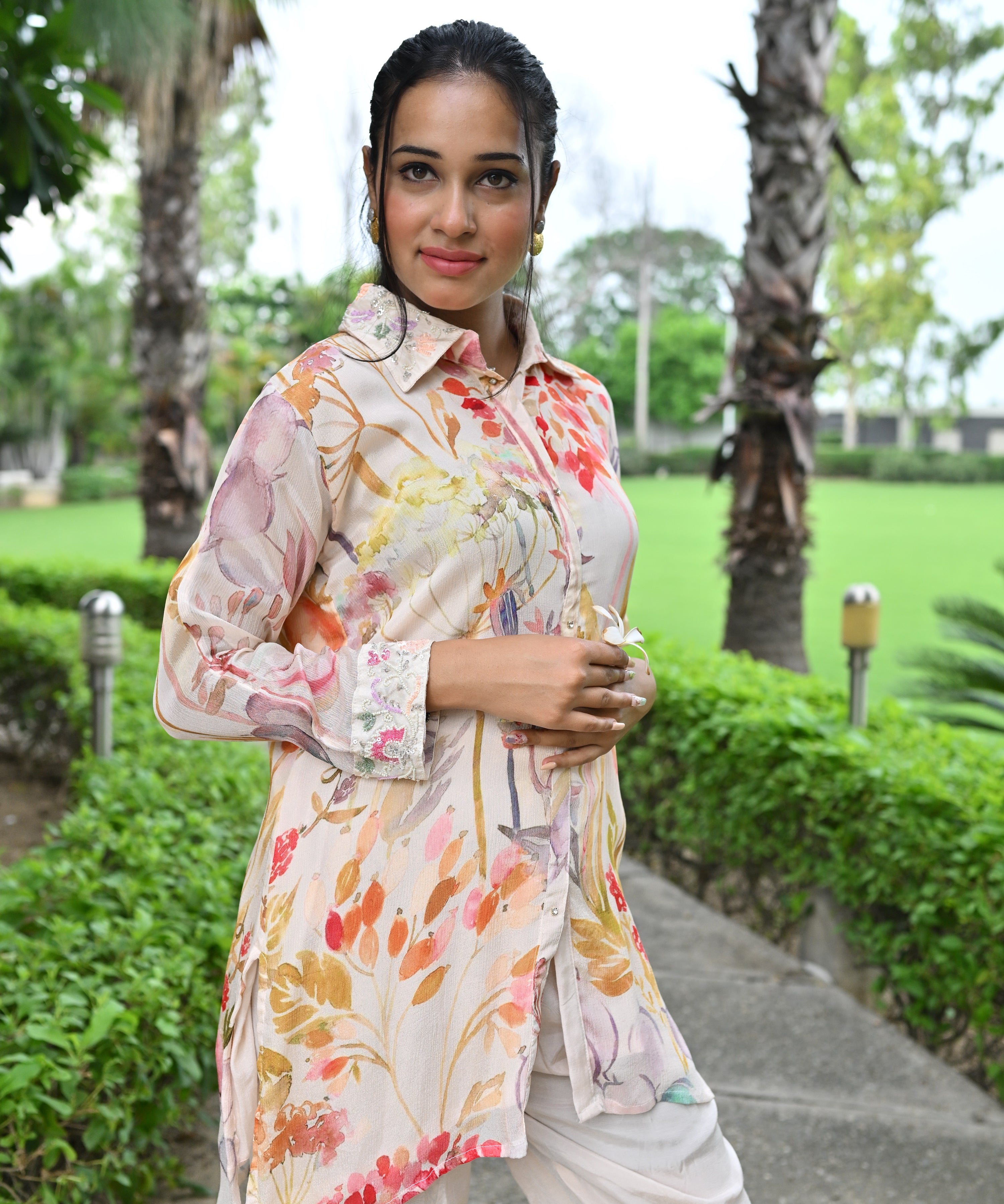 Partywear chinnon hand embroidered coord set