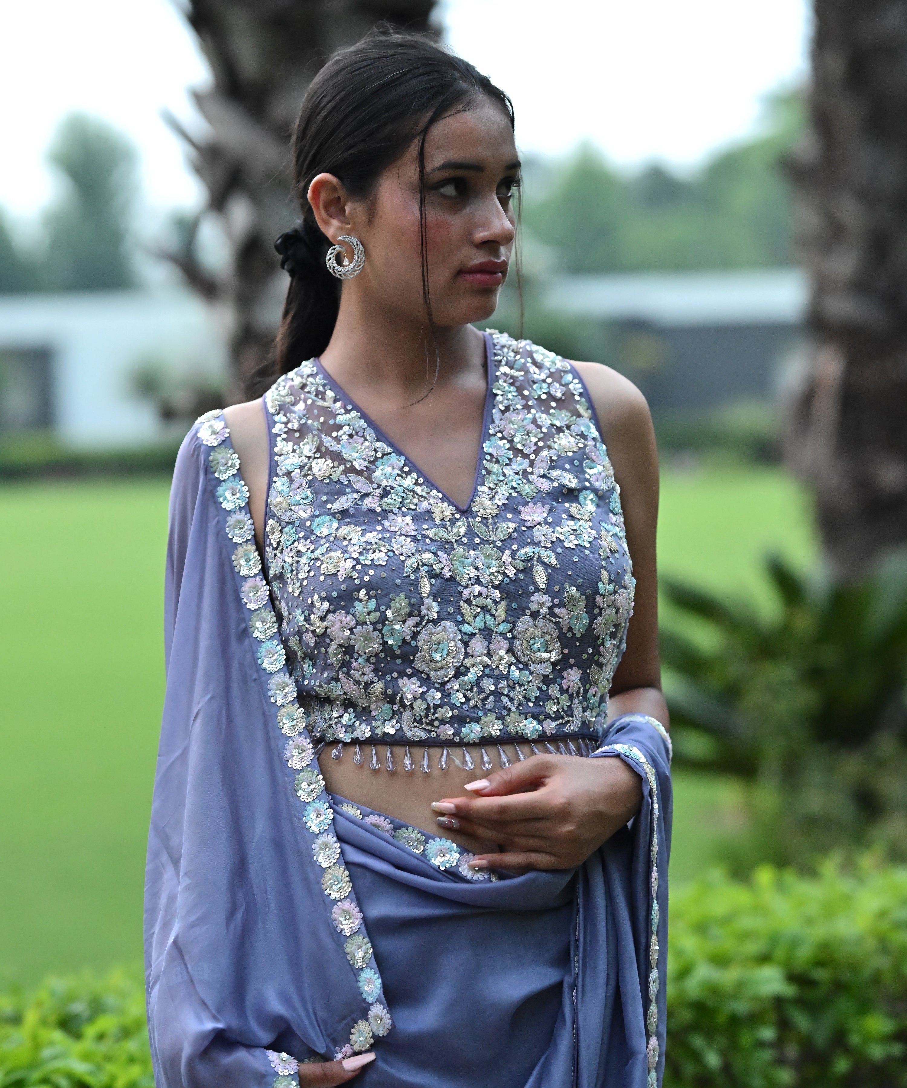 Designer Lilac Hand Embroidered Georgette Organza Saree