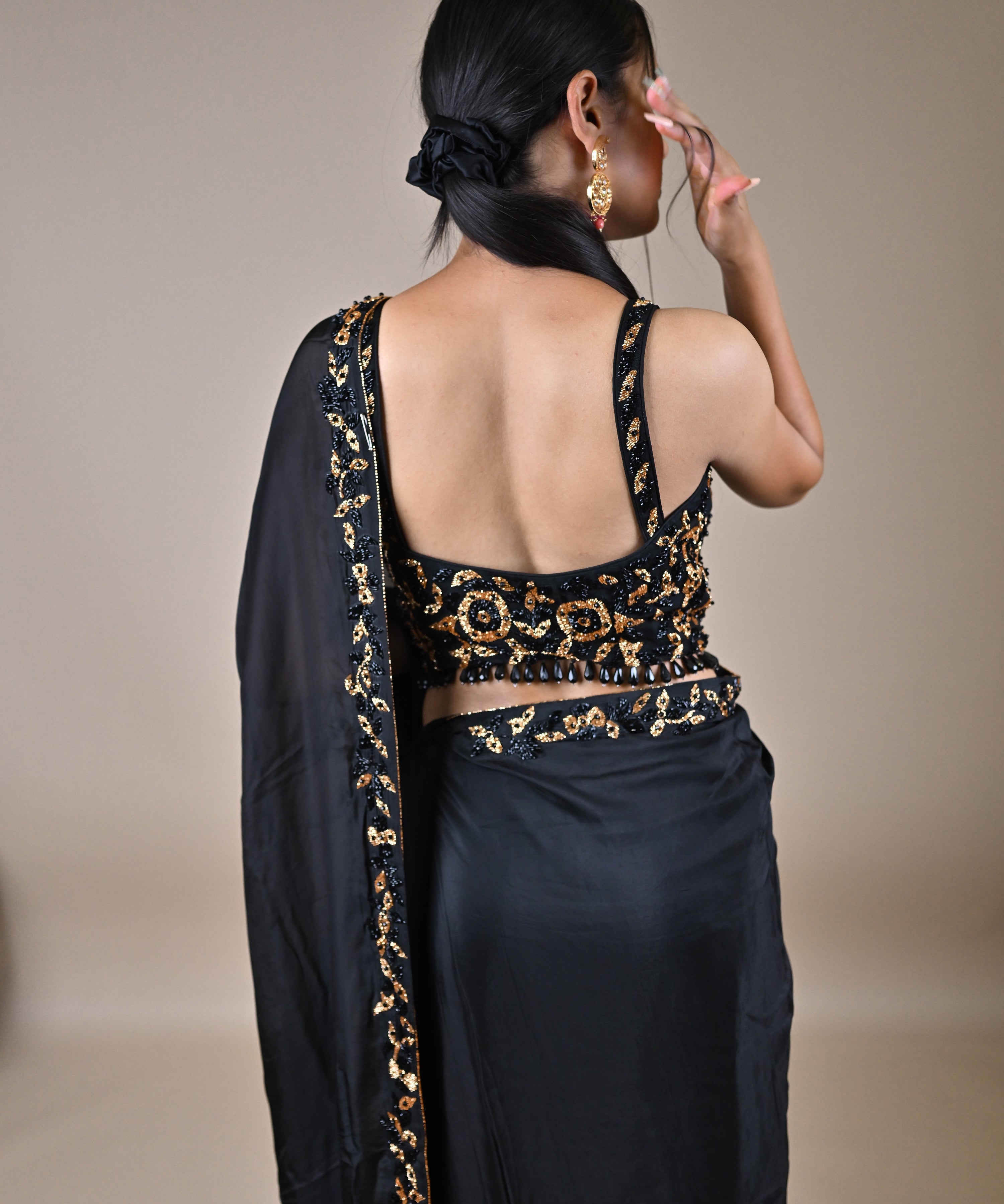 Designer Black Hand Embroidered Georgette Organza Saree.