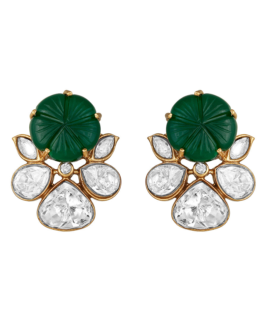 Gold Polish Brass with Kundan Polki, Carved onyx Earrings