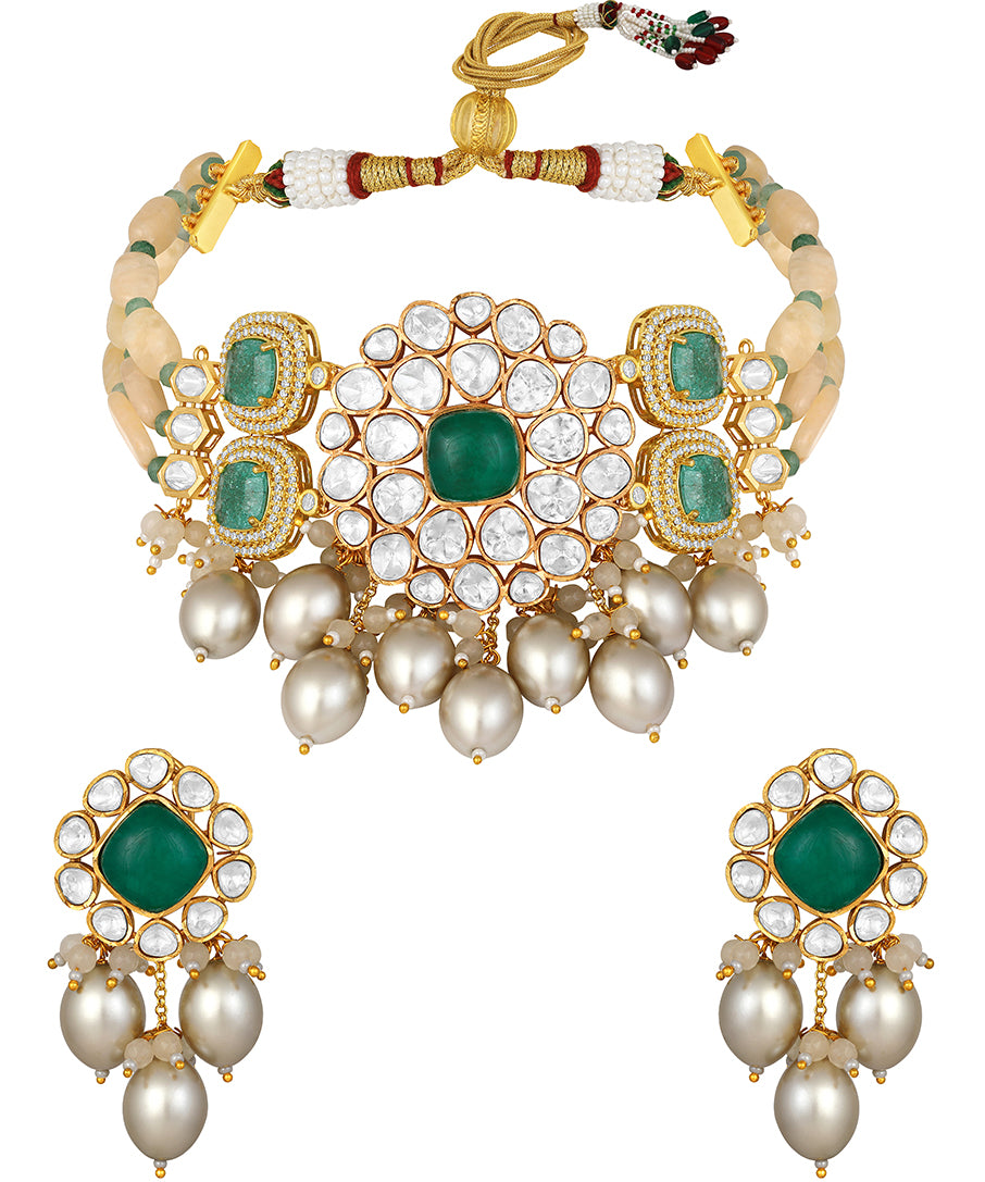 Designer Gold Polish Brass with Kundan Polki Necklace Set
