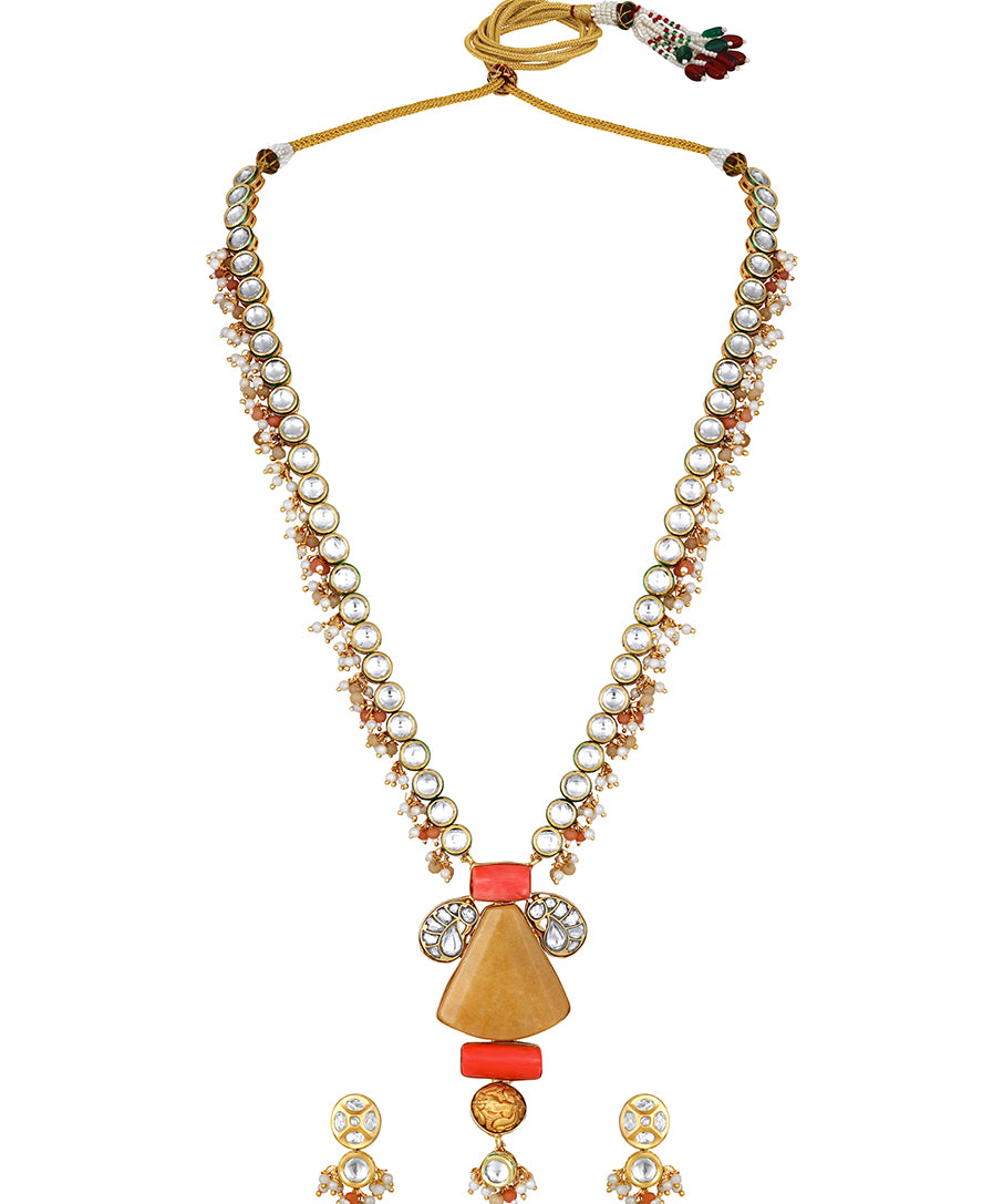 Designer Gold Polish Brass with Kundan Polki Necklace Set
