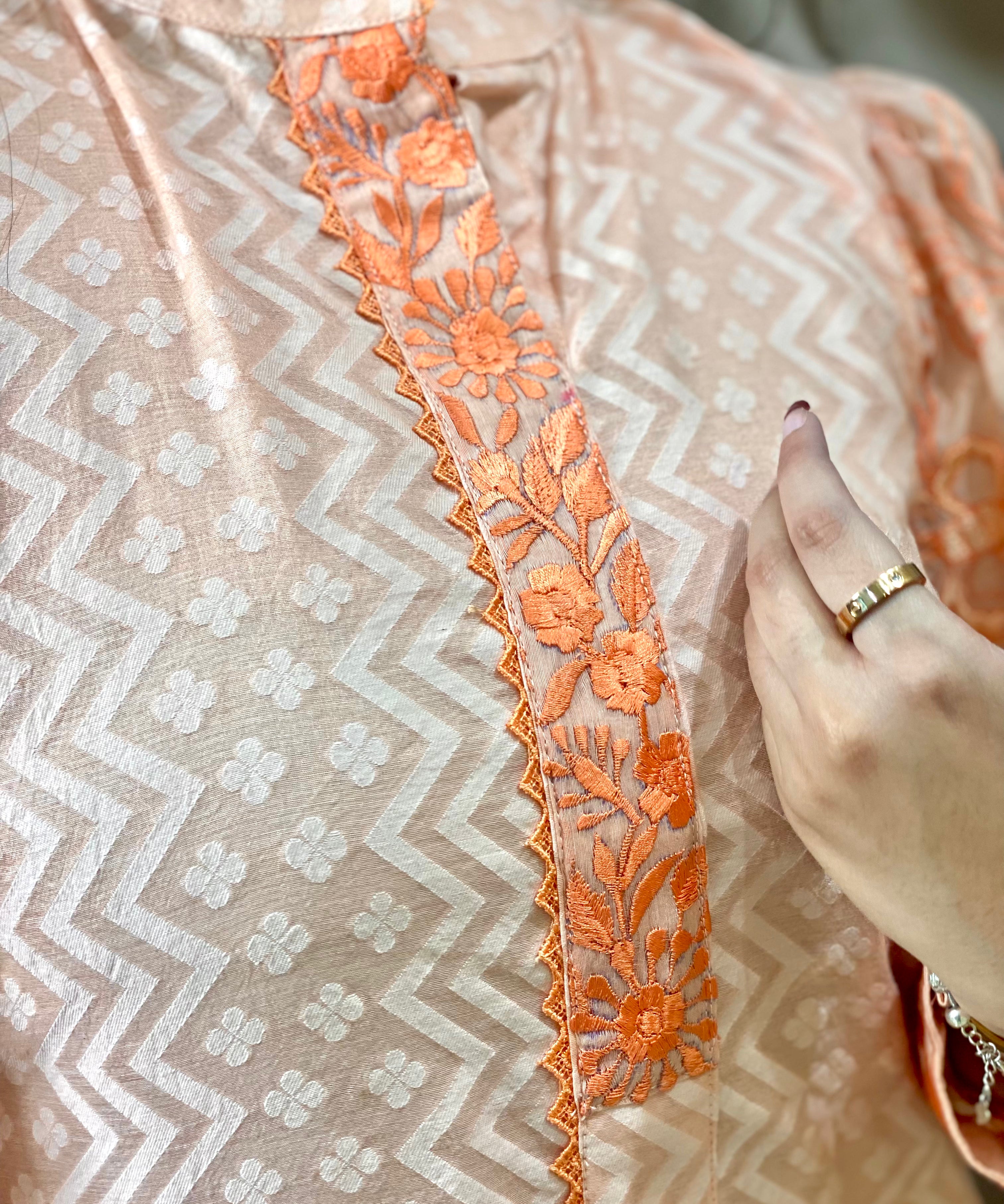 classy coordset Peach cutwork mal chanderi embroidered