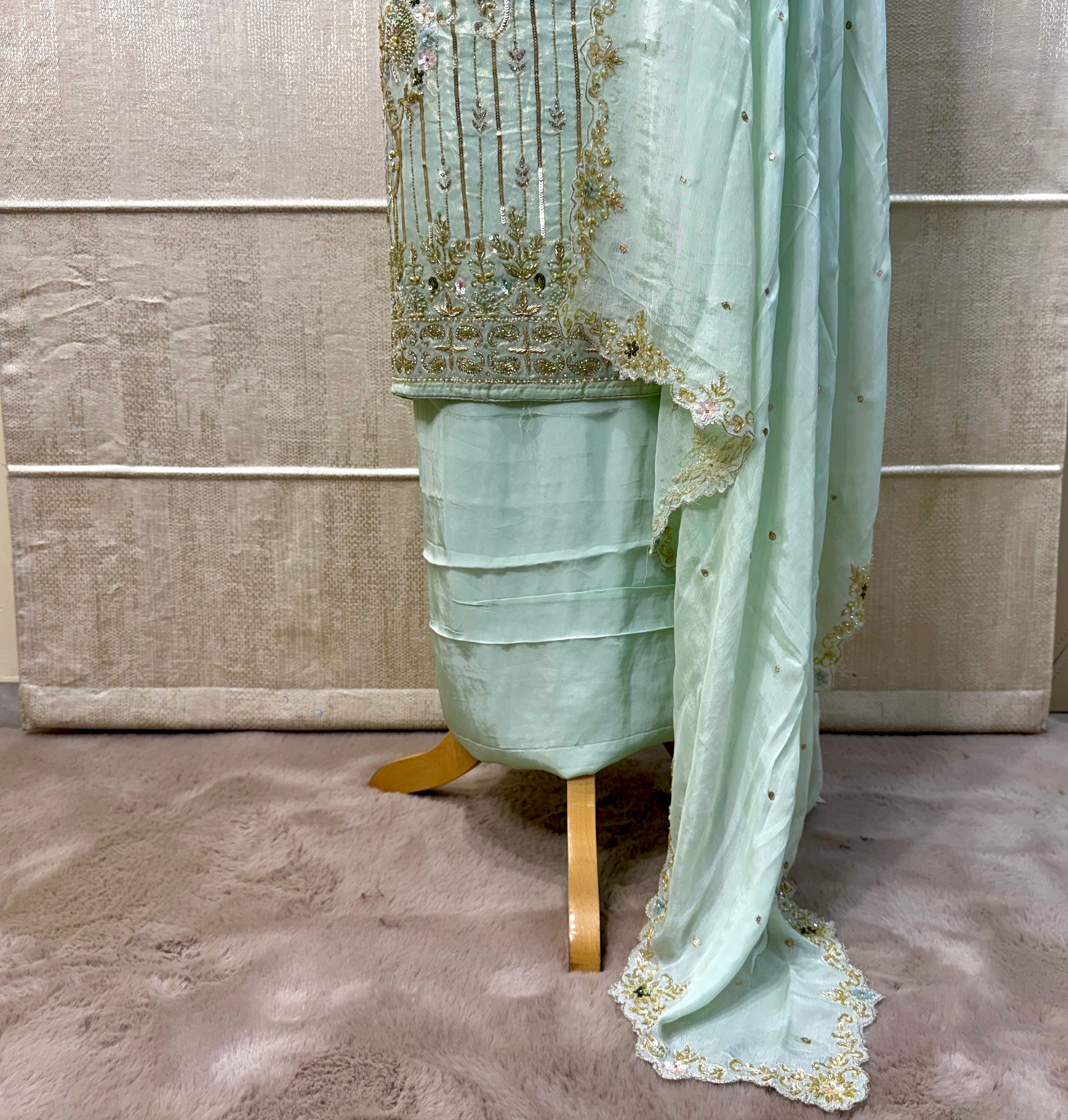 Serene Elegance: Hand-Embroidered Organza Georgette Ensemble