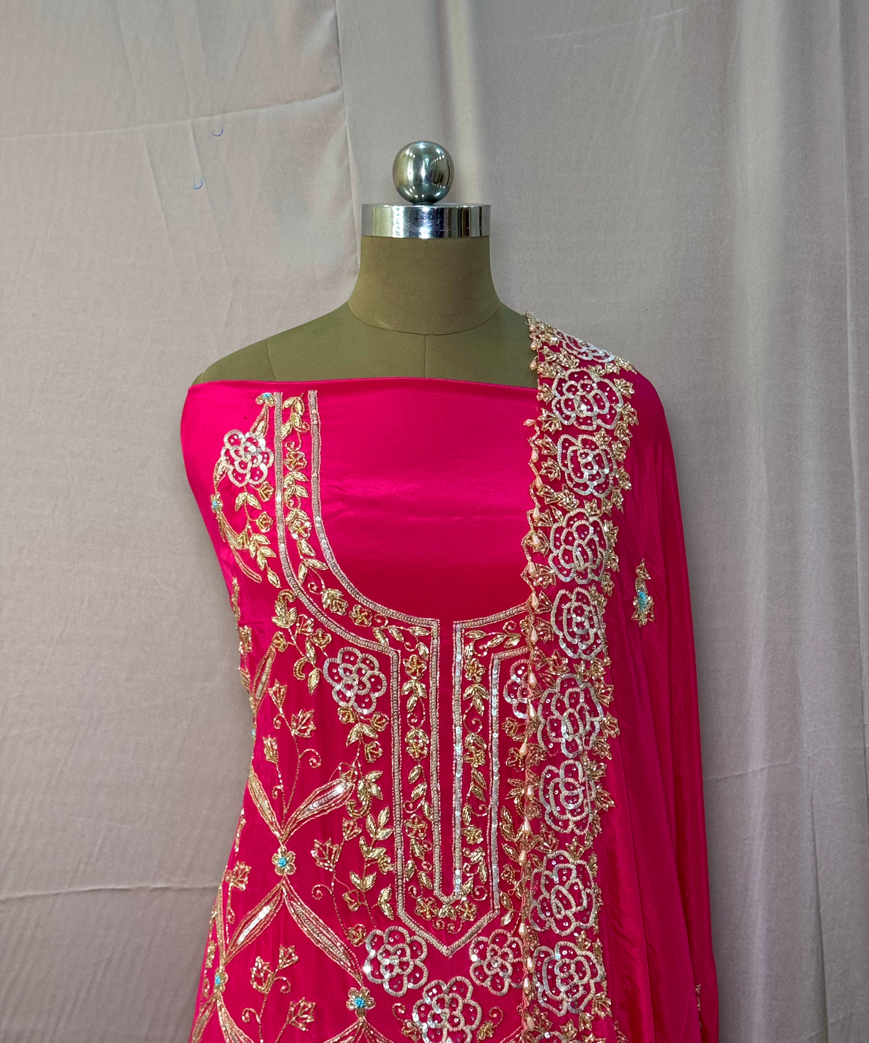 Hot Pink Georgette Organza Hand-Embroidered Suit with Beaded Dupatta