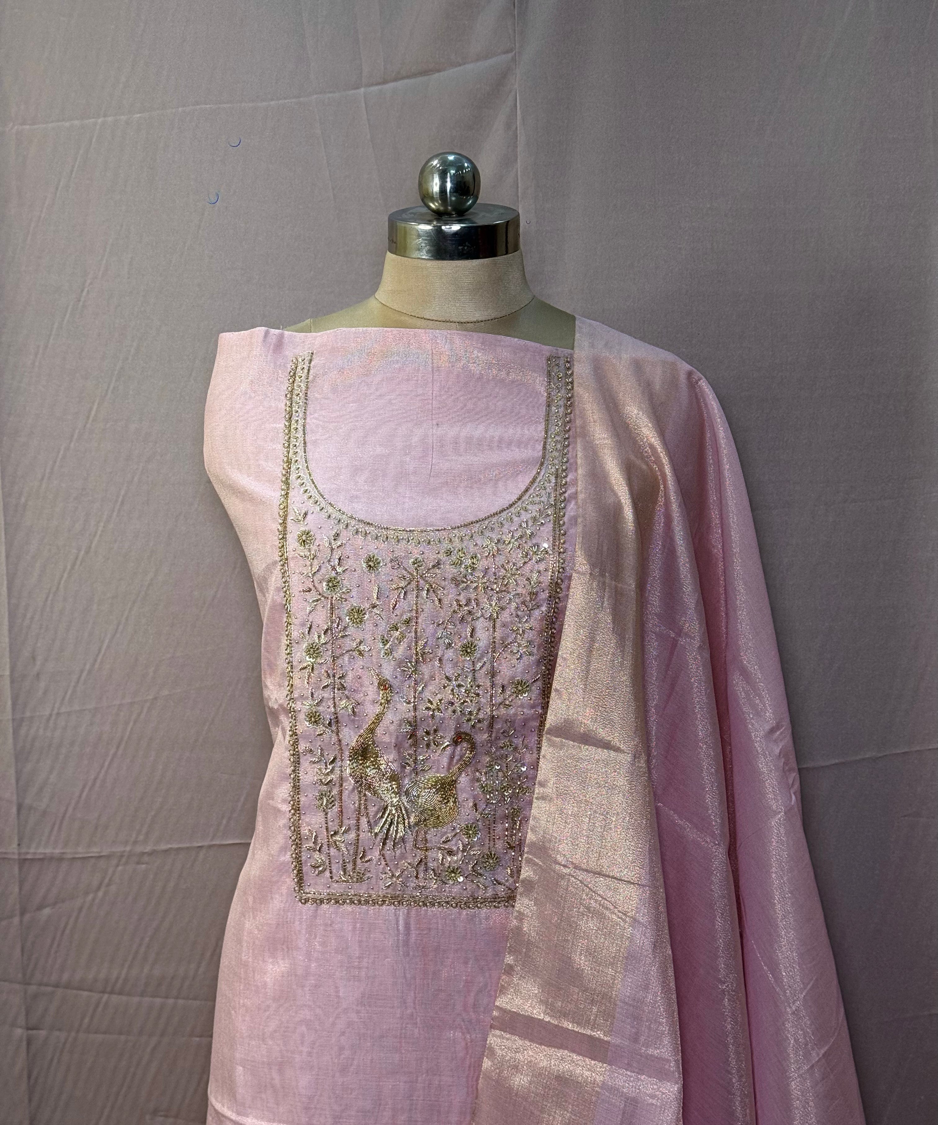 Baby Pink Pure tissue Chanderi Suit with Zardozi Motifs
