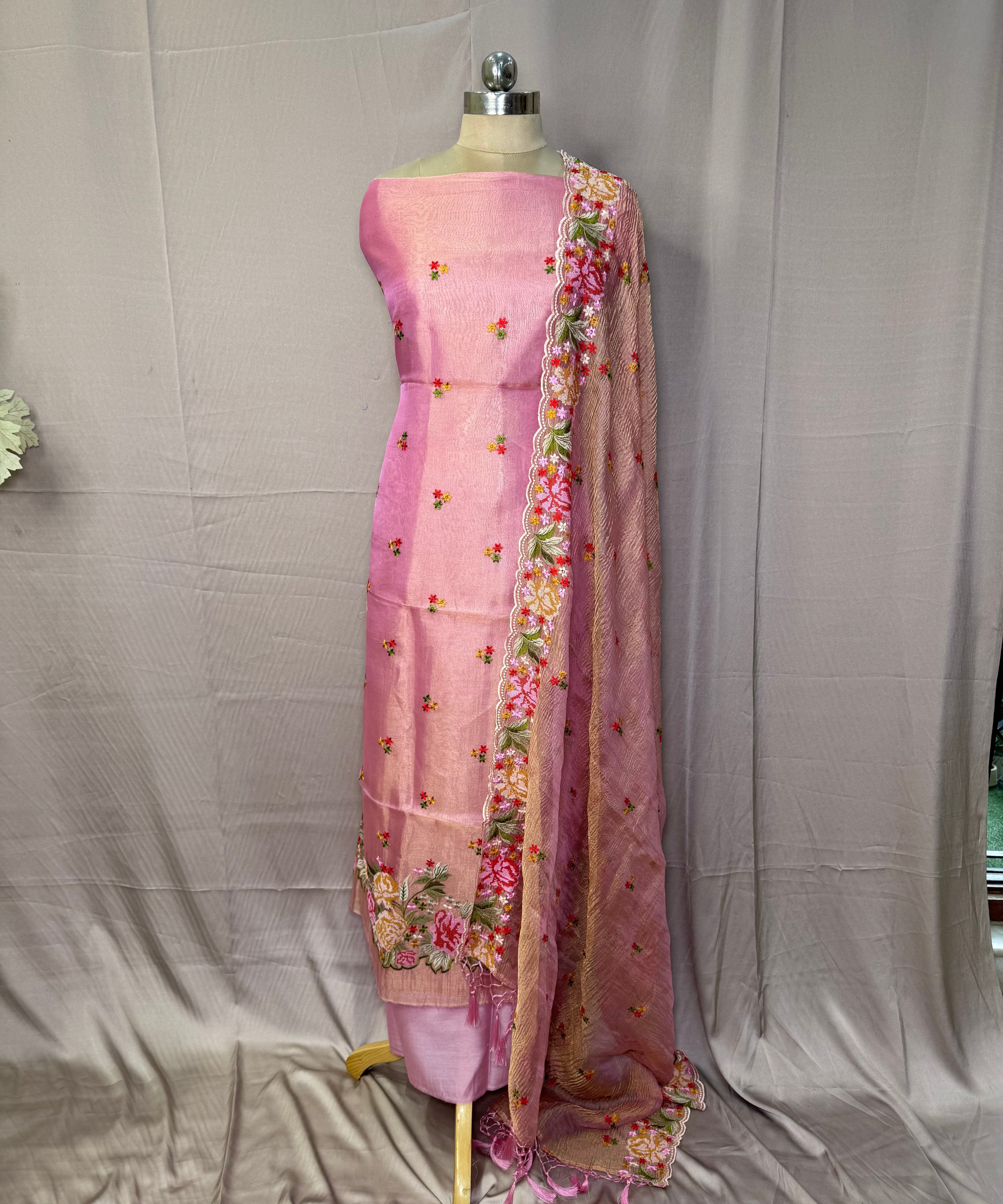 Pink Pure Silk Tissue Unstitched Suit with Embroidered Crush Dupatta