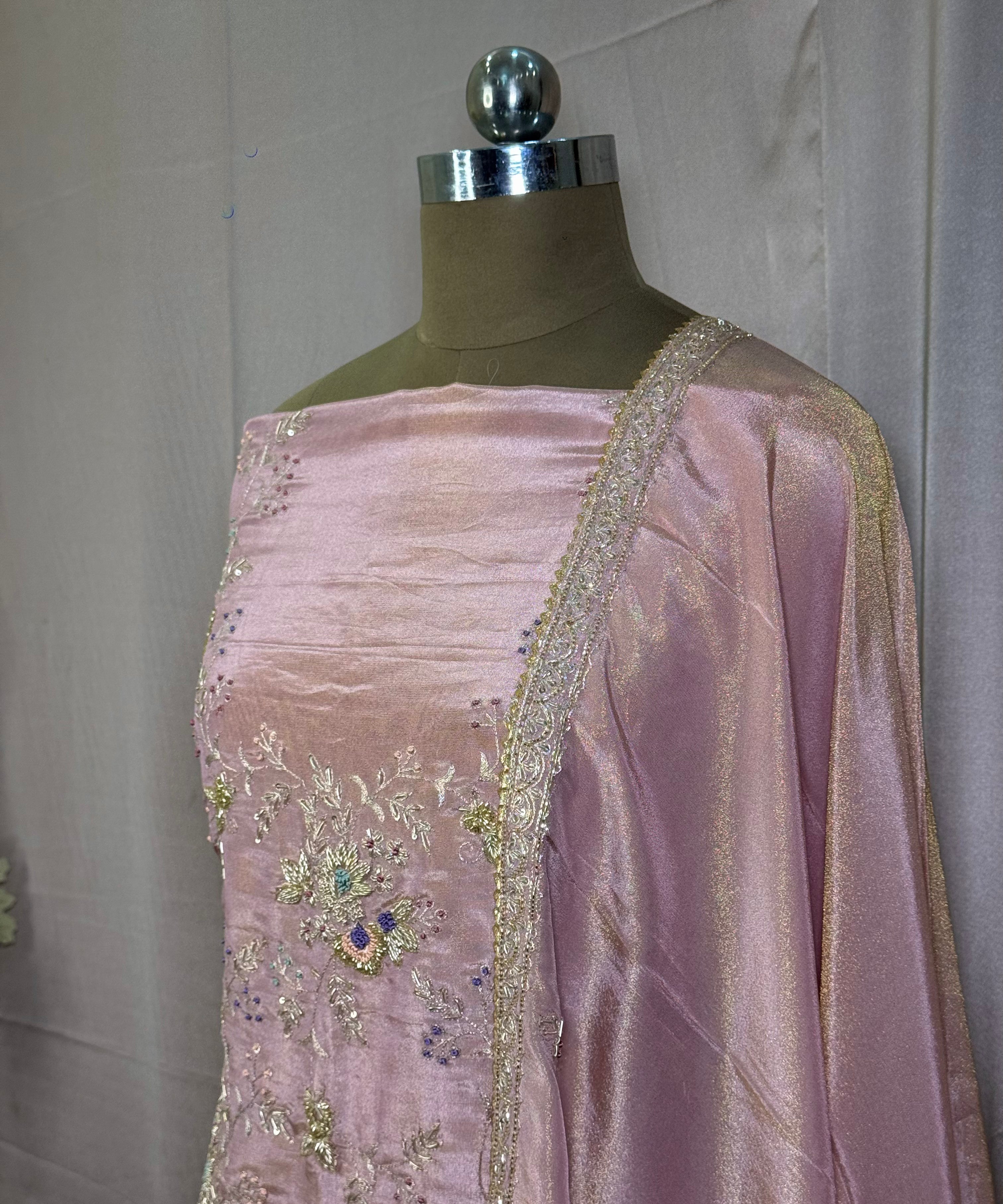 Onion Pink Hand-Embroidered Tissue Crepe Unstitched Suit