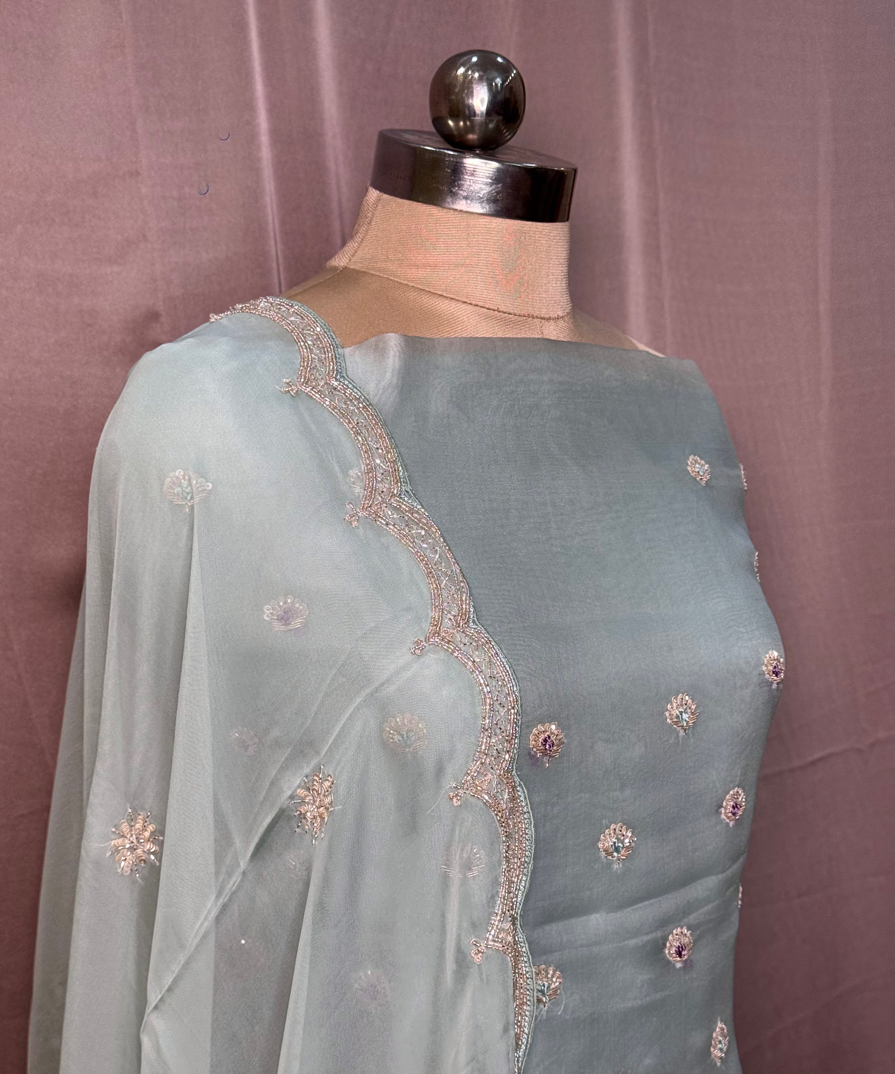 Ice Blue Hand-Embroidered Tissue Crepe Suit with Tissue Georgette Dupatta