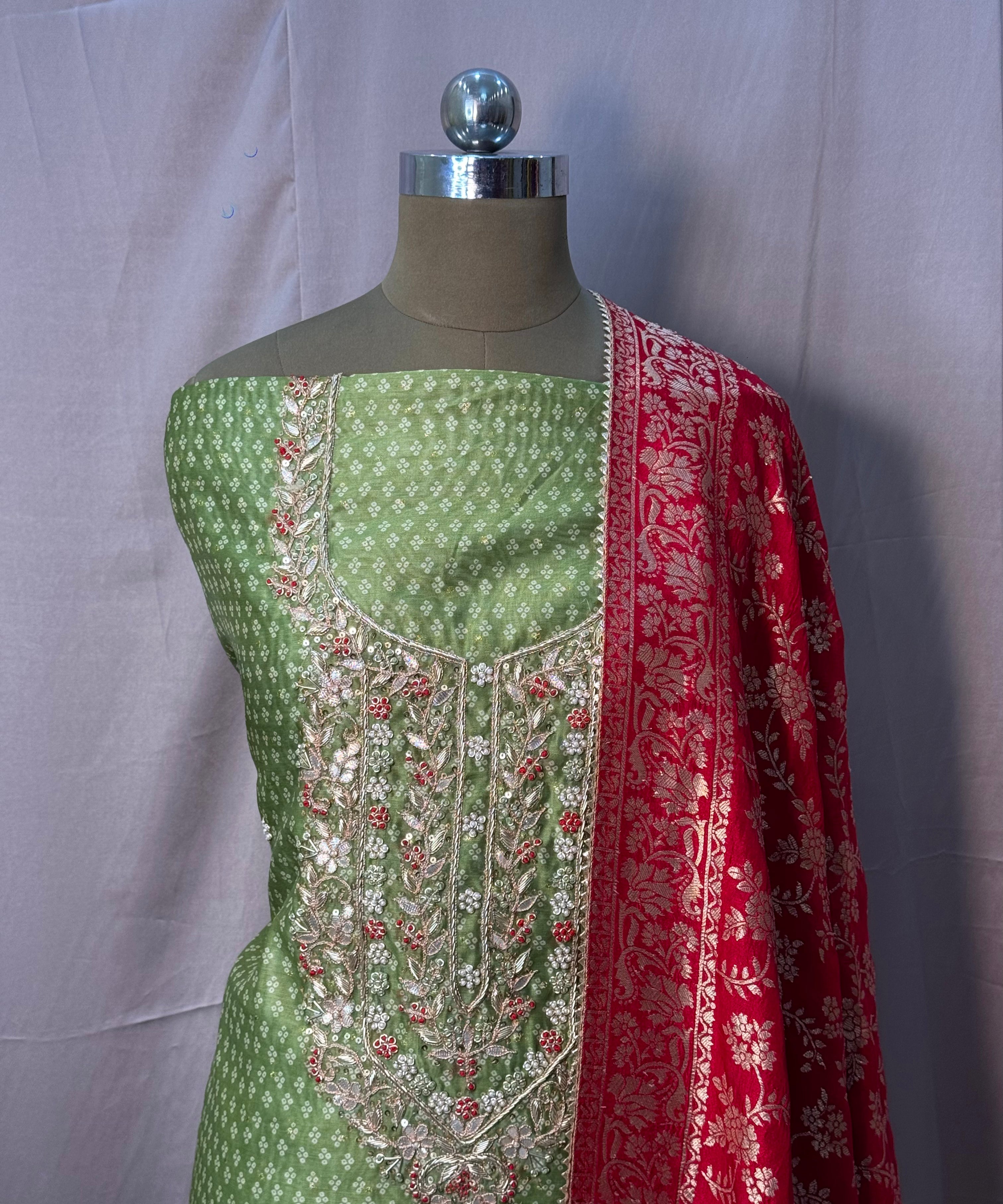 Green Chanderi Printed Unstitched Suit with Contrast Red Banarasi Dupatta