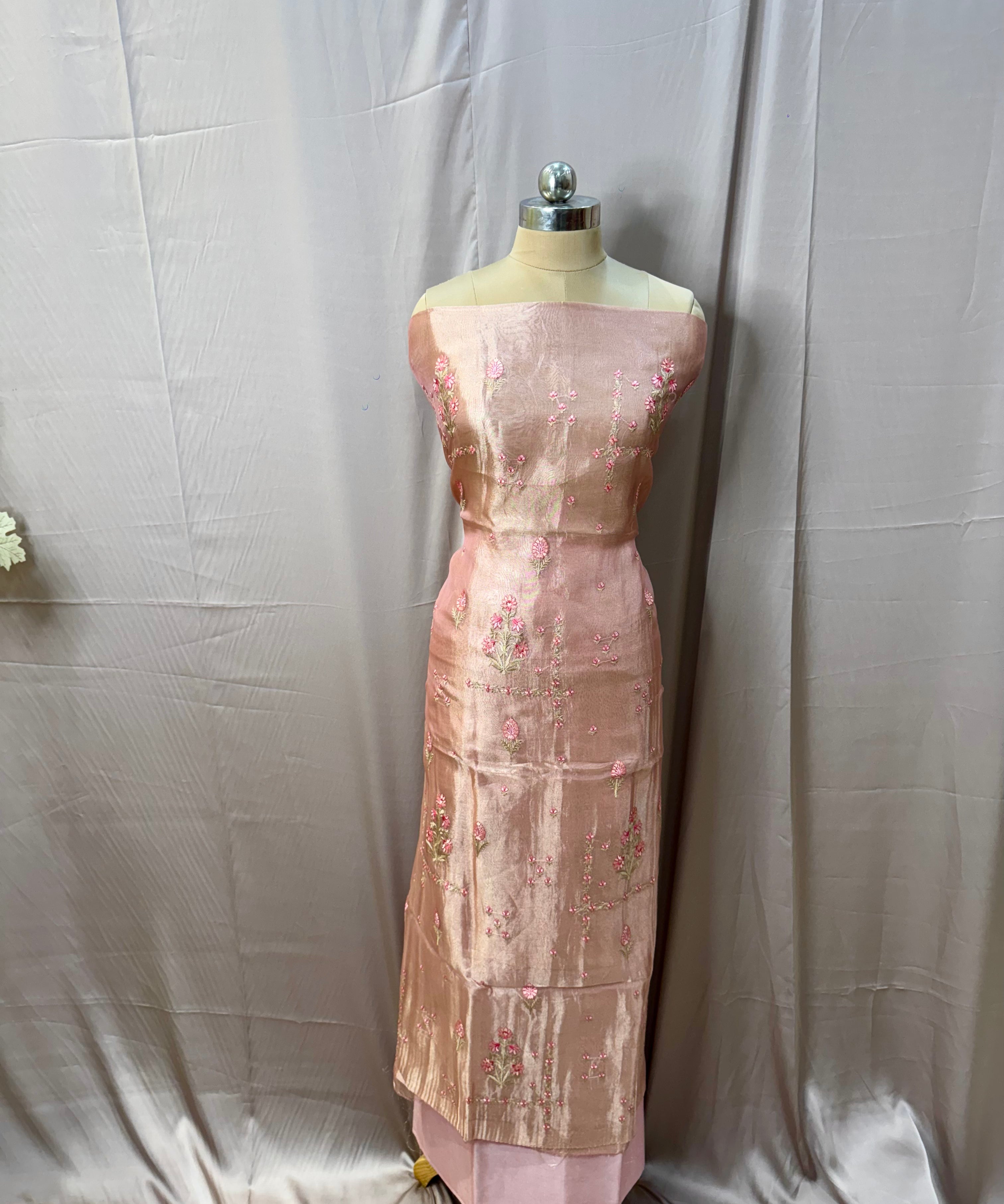 Nude Pink Pure Silk Tissue Unstitched Suit with Embroidered Crush Dupatta
