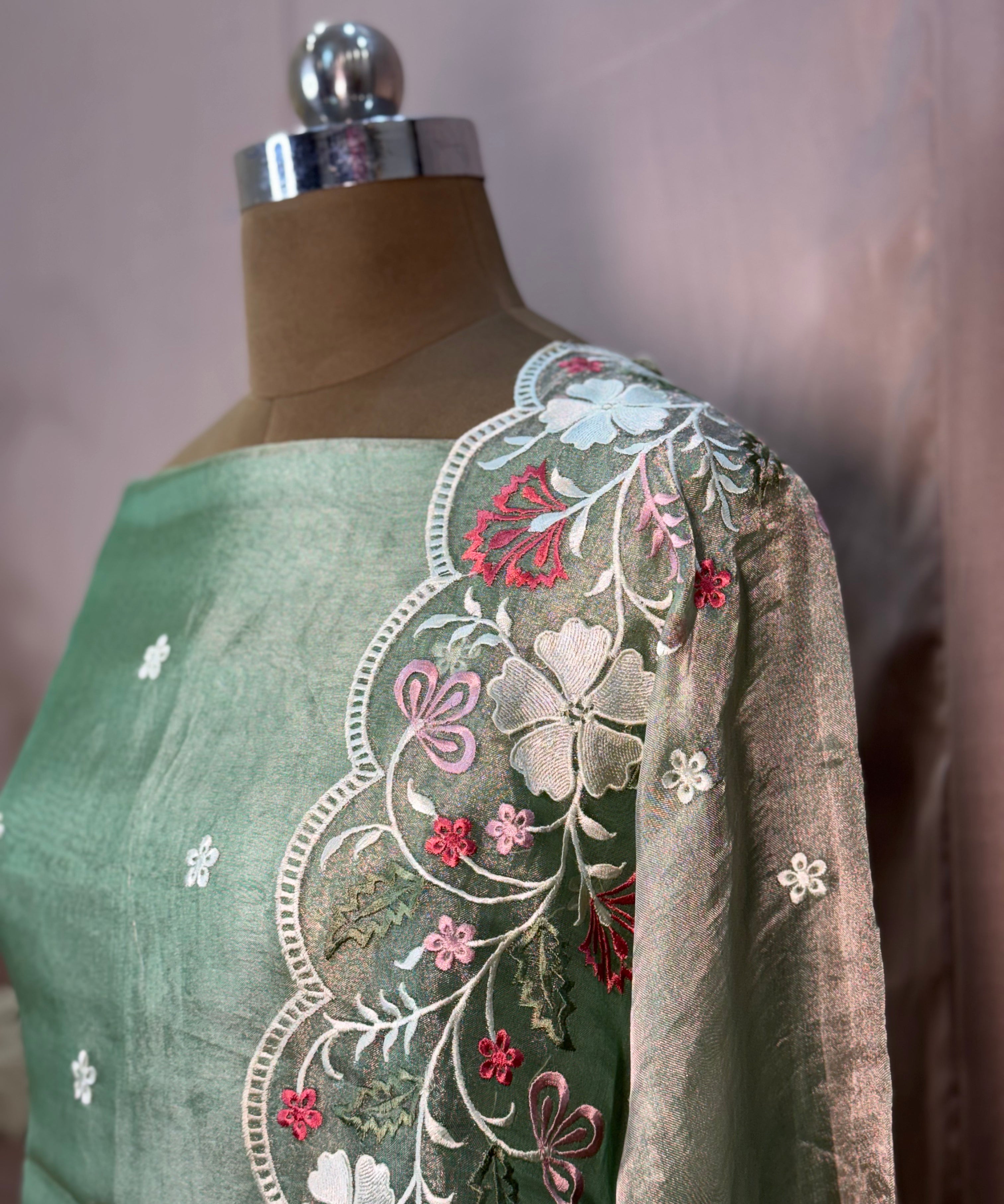 Pure Silk Tissue Unstitched Suit with Embroidered Crush Dupatta