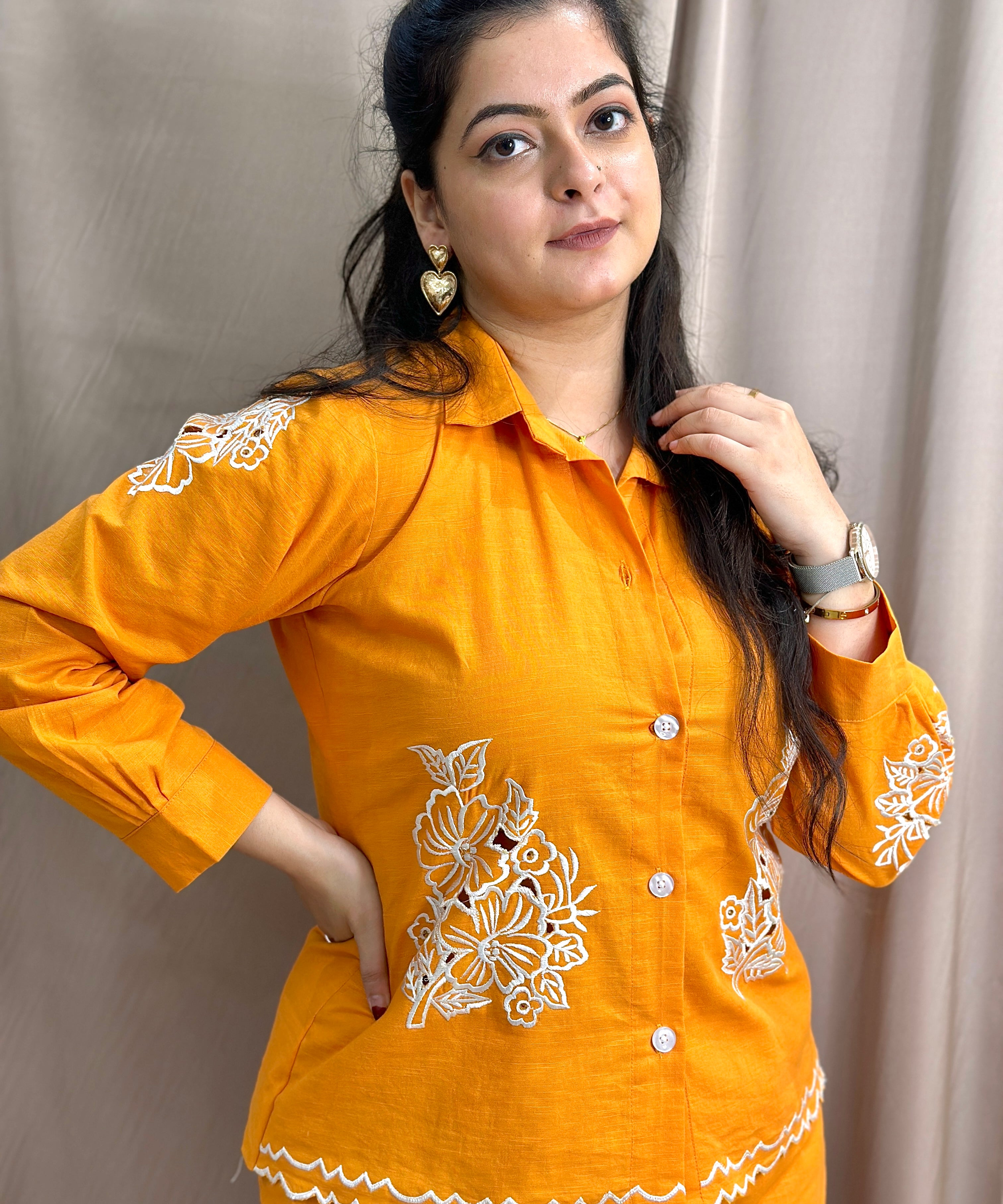 classy embroidered hand cutwork linen coord set