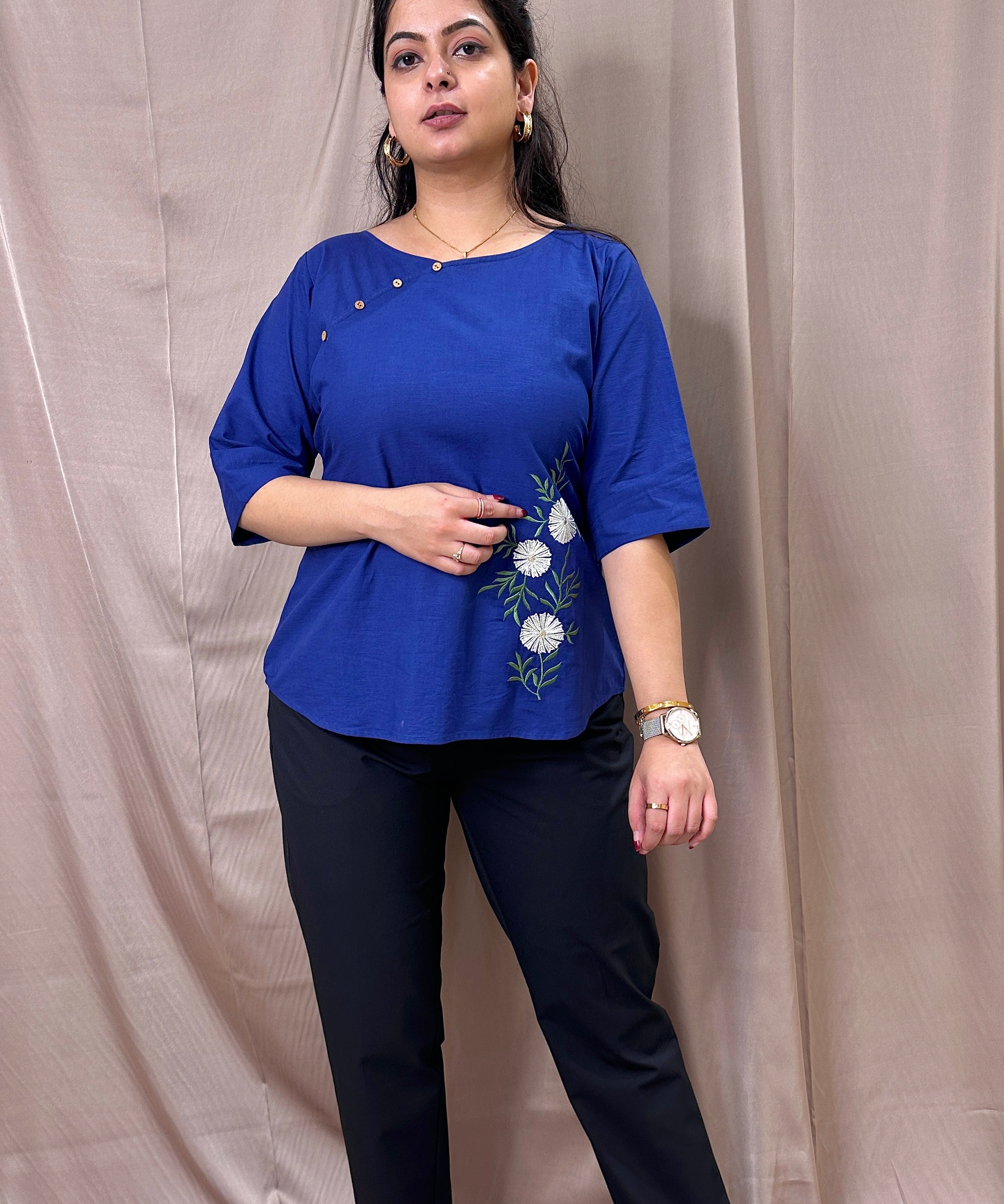 elegant embroidered linen blue shirt