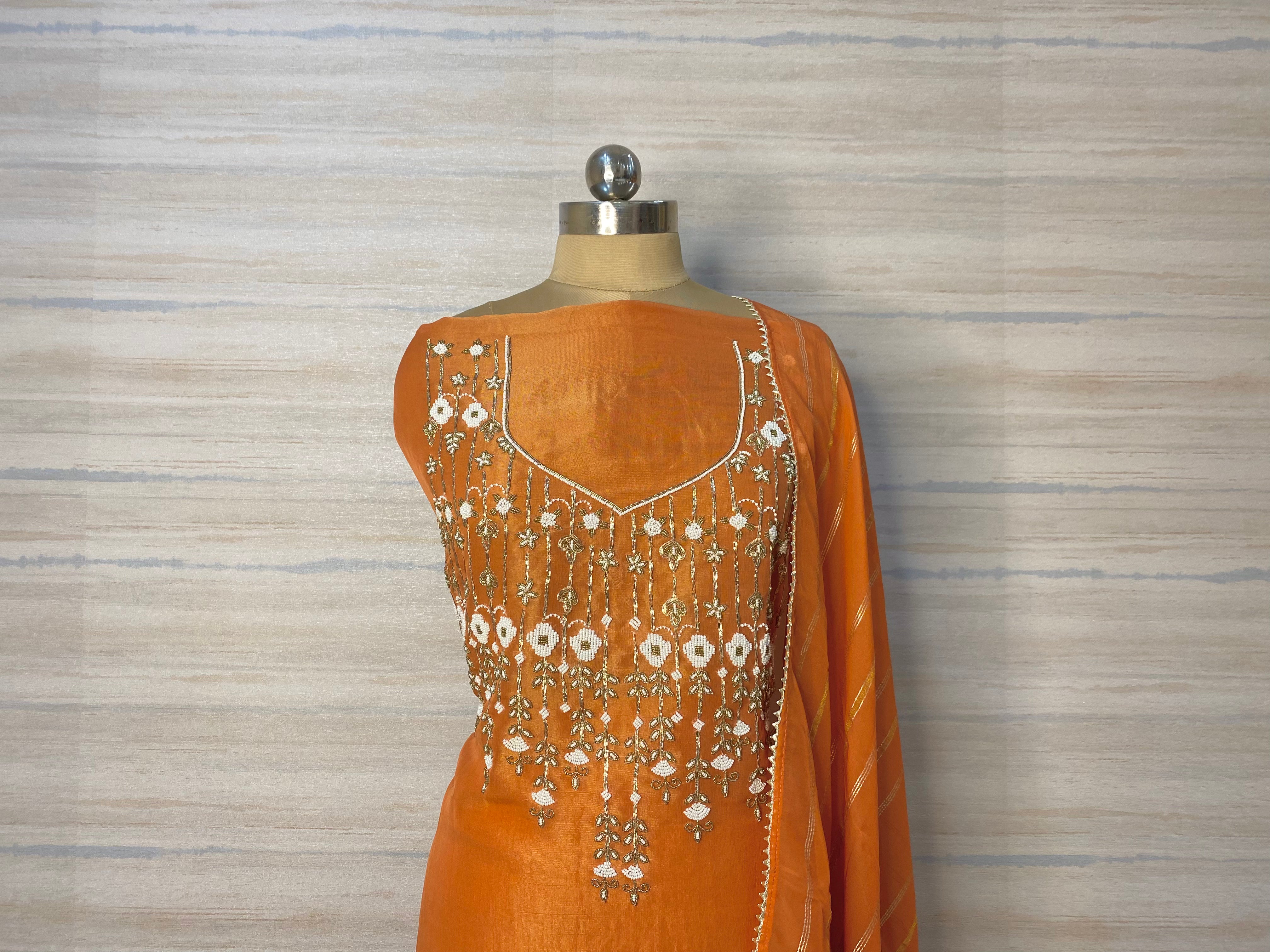 Exquisite Hand Embroidered Tissue Suit with Gold Stripes Dupatta