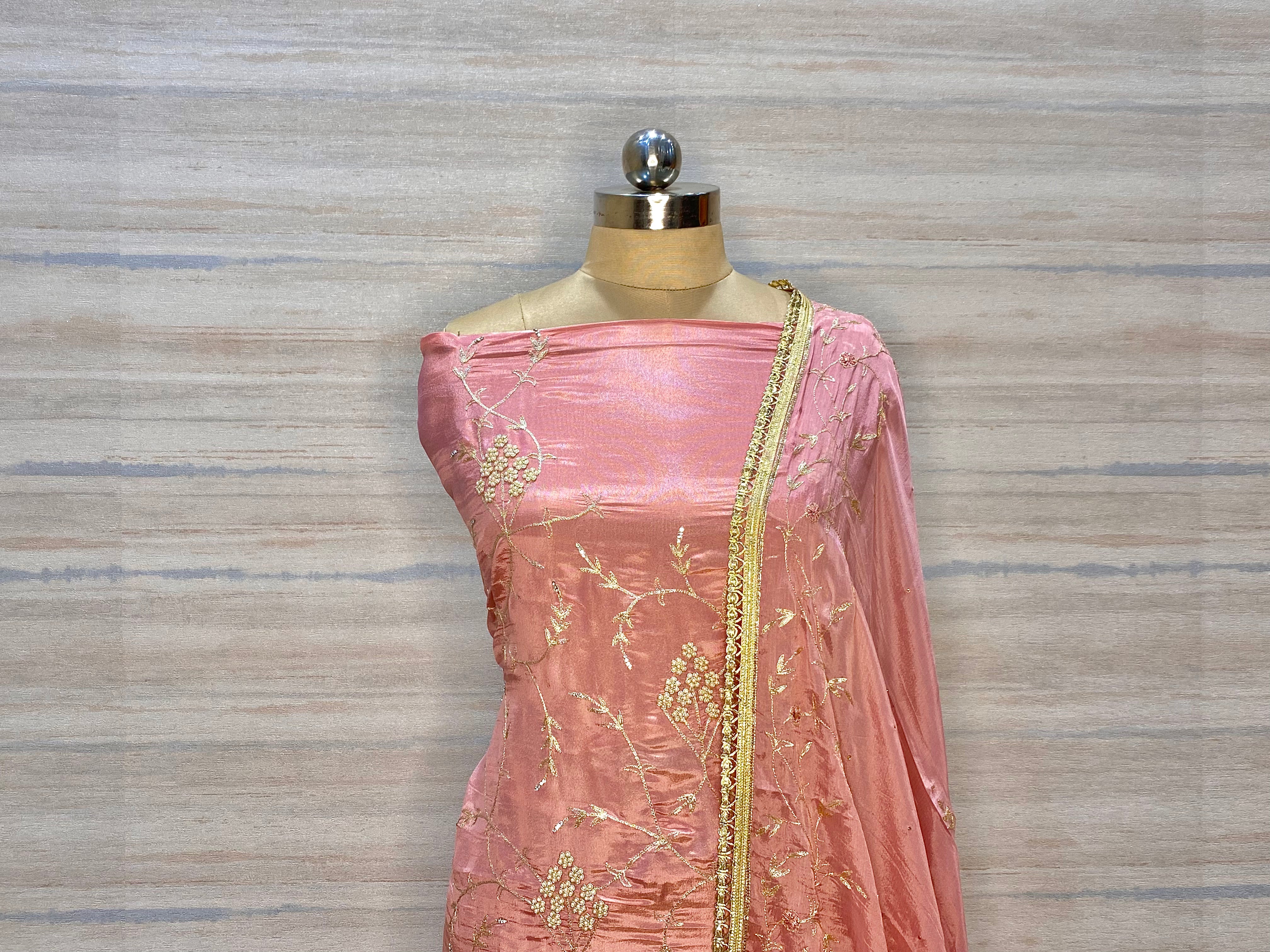 Exquisite Hand Embroidered Tissue Suit with zari work Dupatta