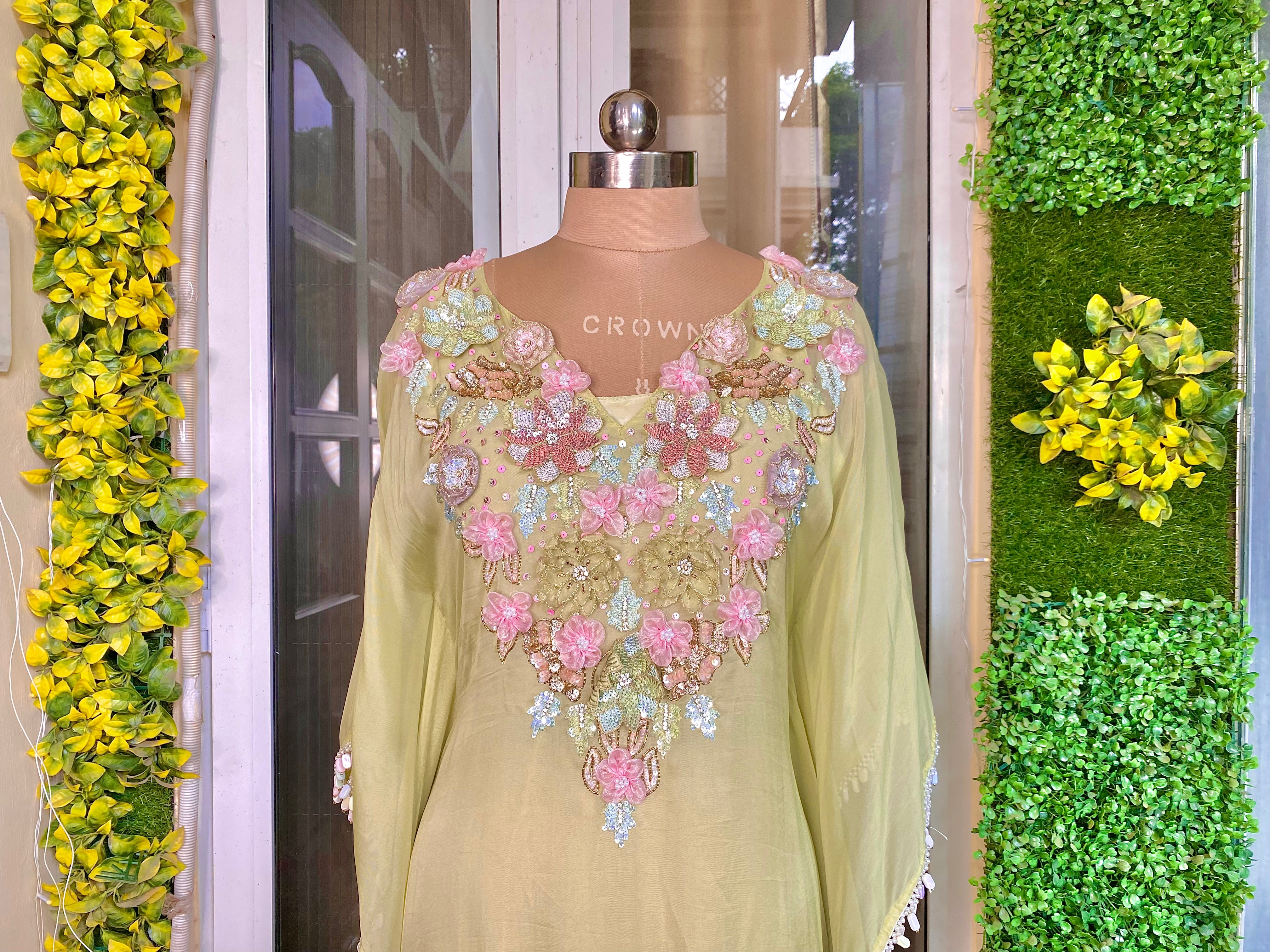 Opulent green georgette organza hand embroidered kaftan with Jewel-Embellished four side border
