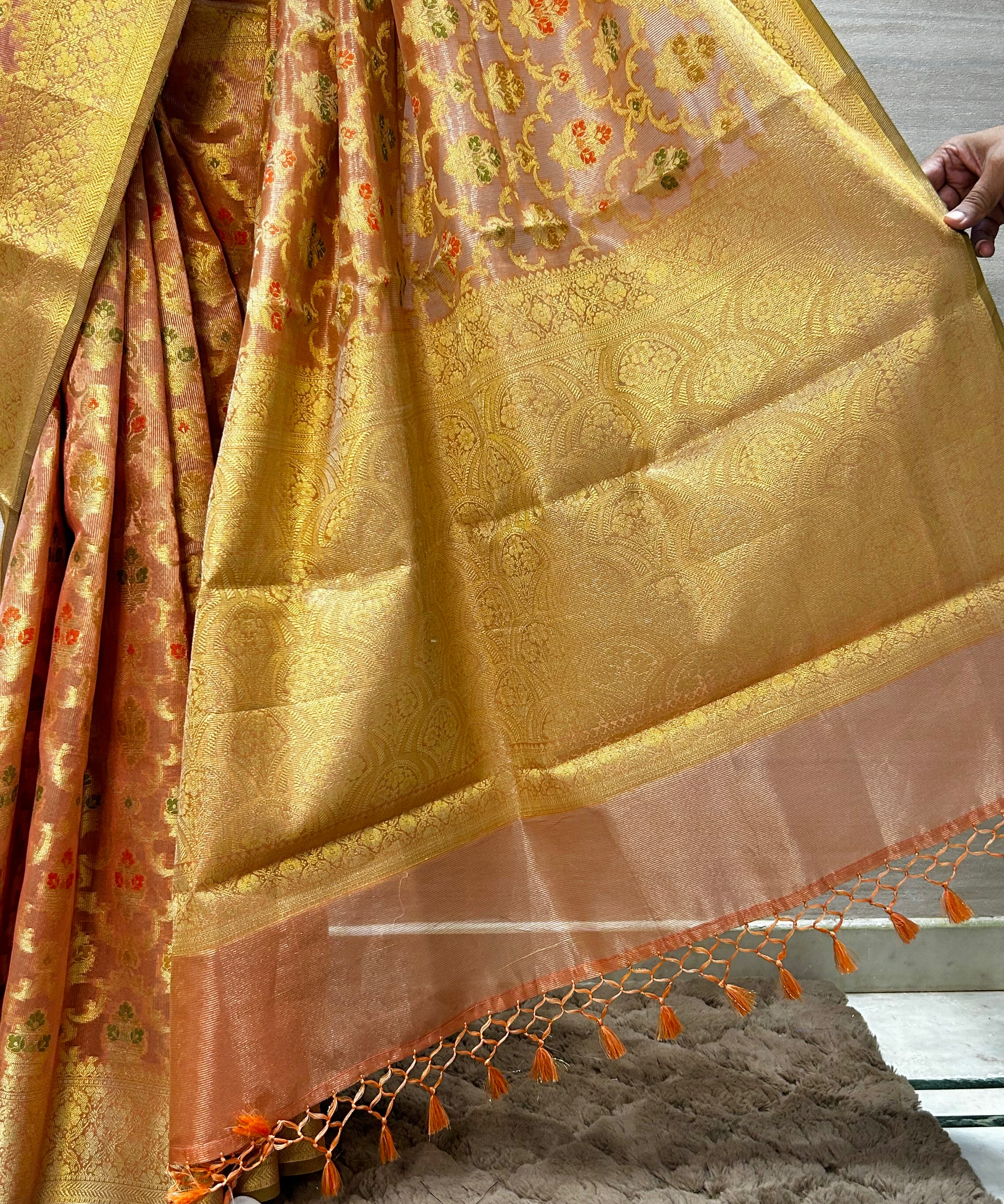 Banarasi Peach Pink Cotton Silk Jaal Saree