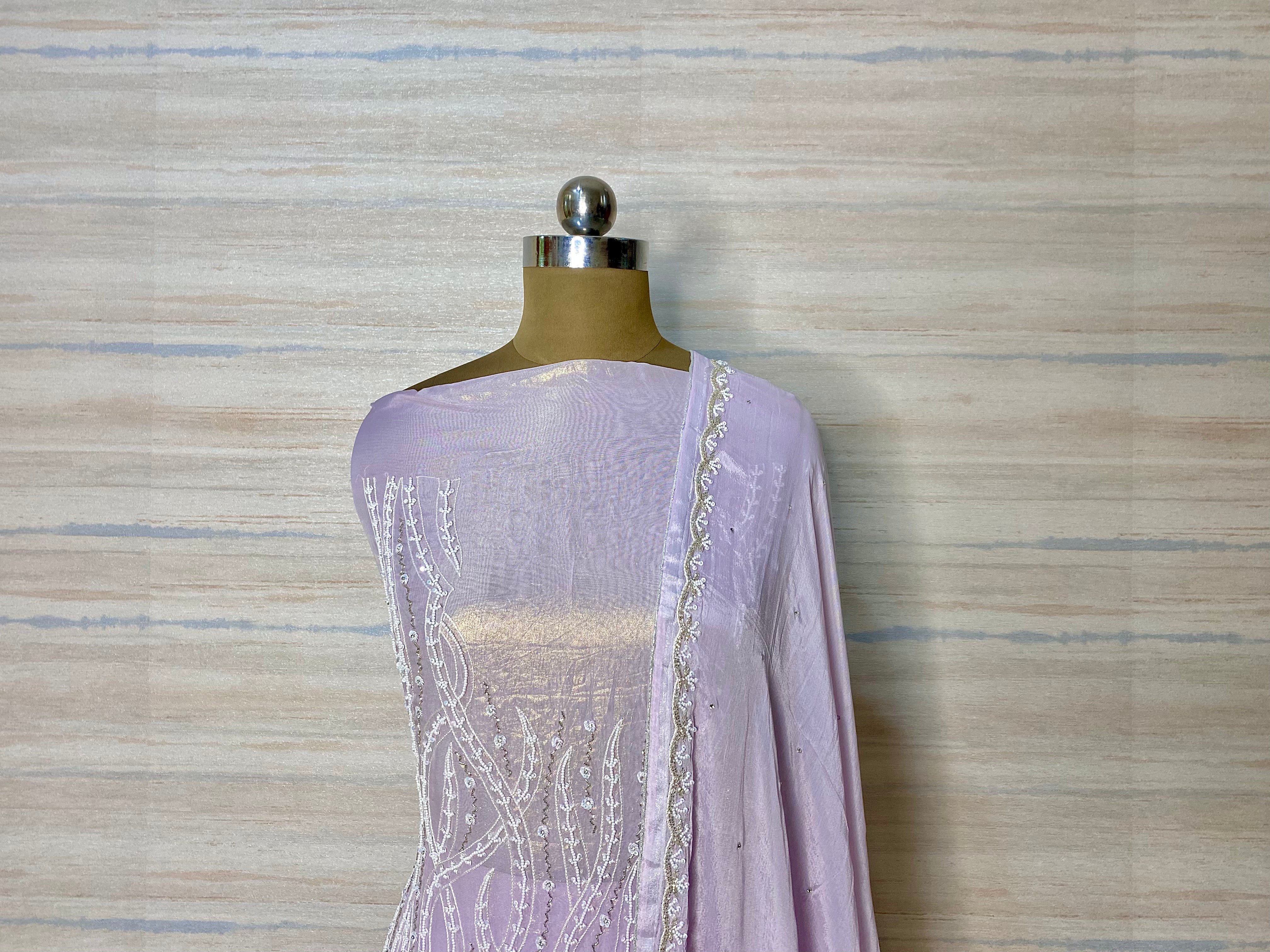 Party wear hand embroidered lilac tissue organza suit dupatta