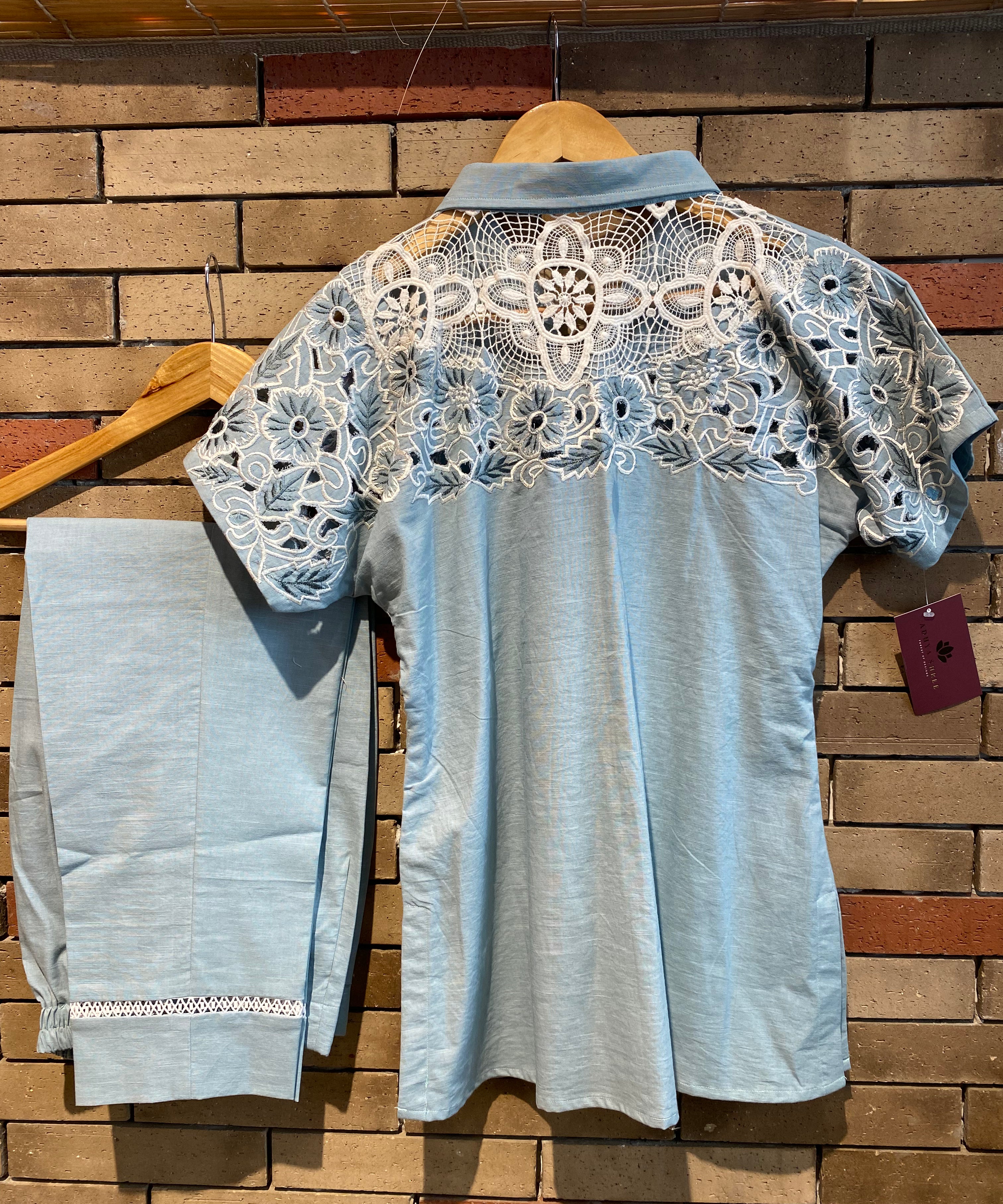 classy embroidered hand cutwork linen coord set