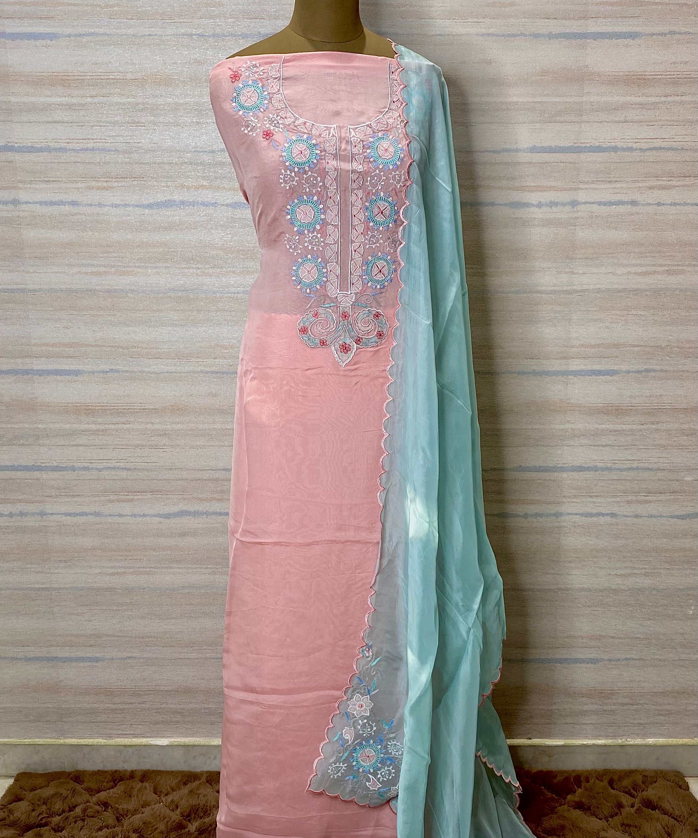 designer pink blue embroidered georgette organza suit dupatta