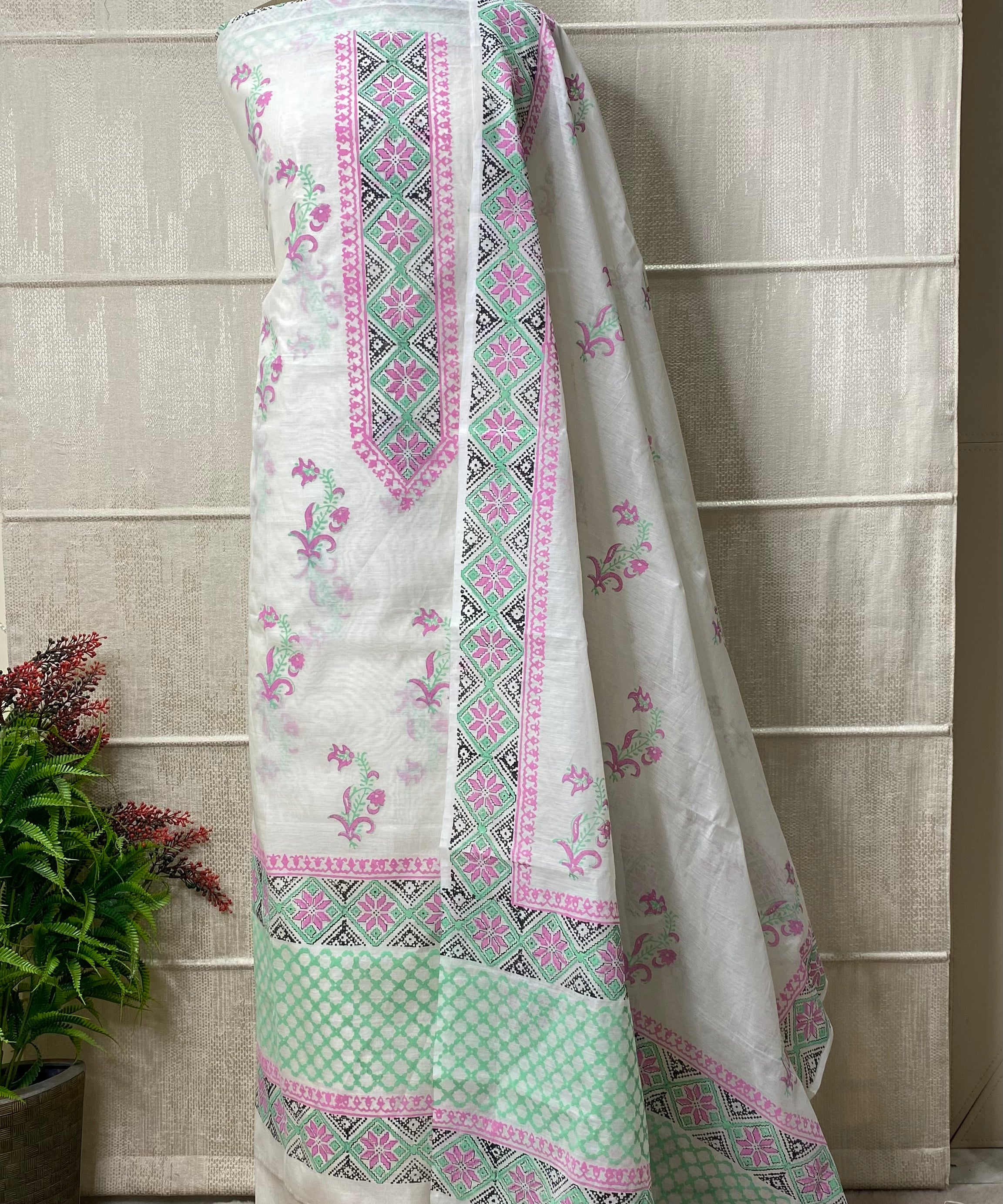 Hand-Blocked Chanderi Suit with Cotton Bottom and Dupatta