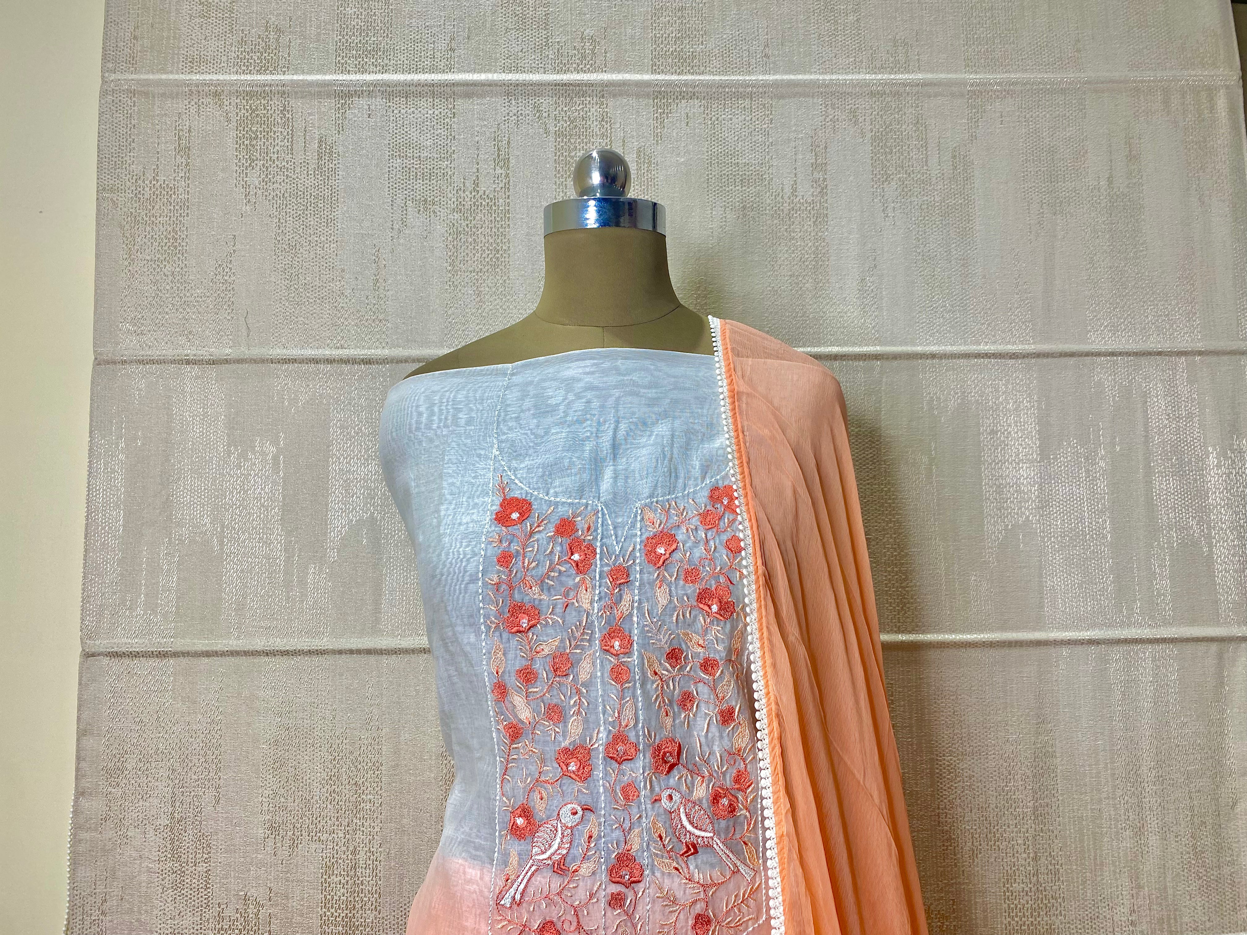 Hand-Embroidered Banarasi Organza Silk Suit with Gota Work and Chiffon Dupatta