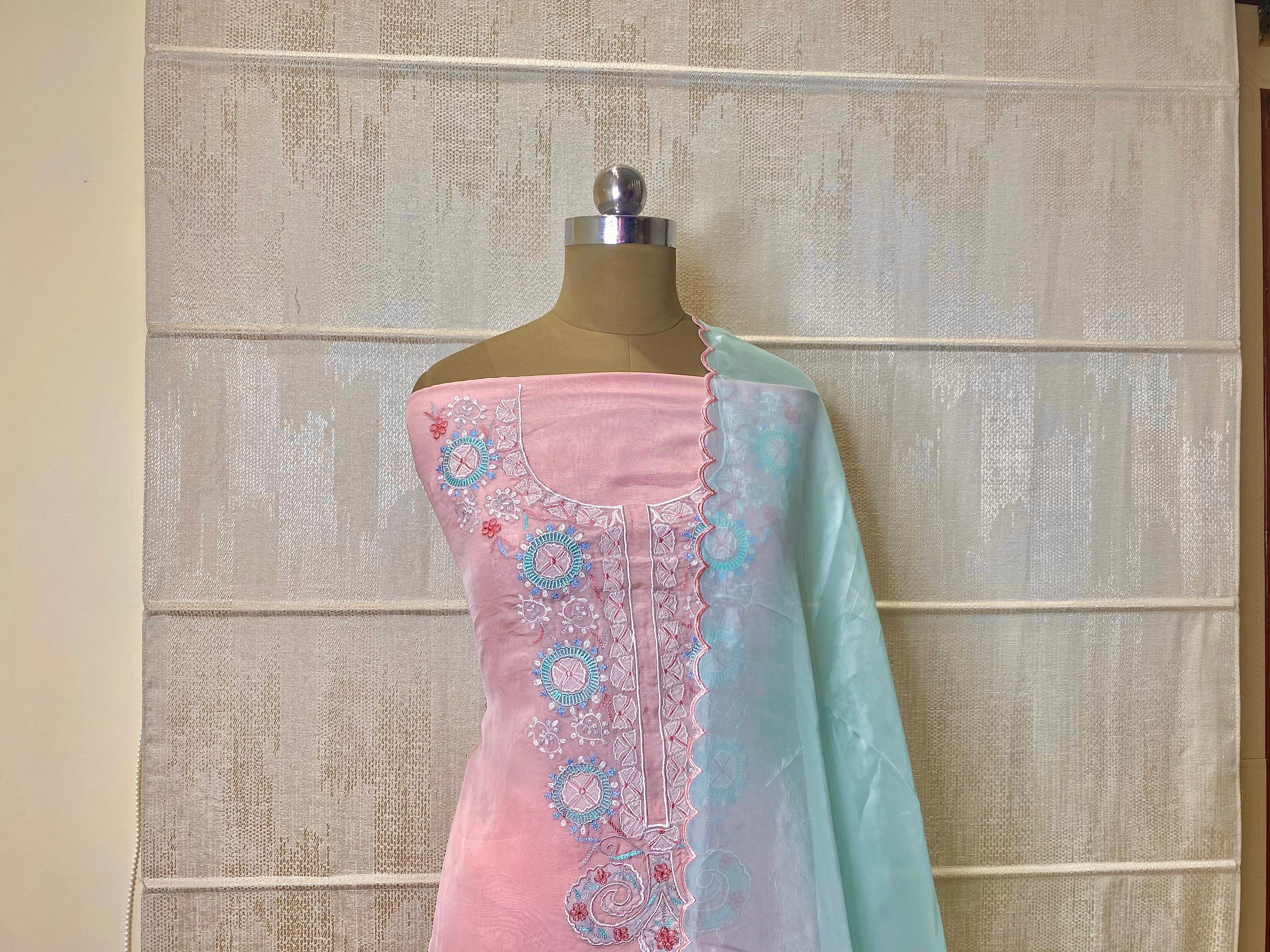 Luxurious Hand-Embroidered Banarasi Organza Silk Suit with Gota Work and Woven Jaal Dupatta