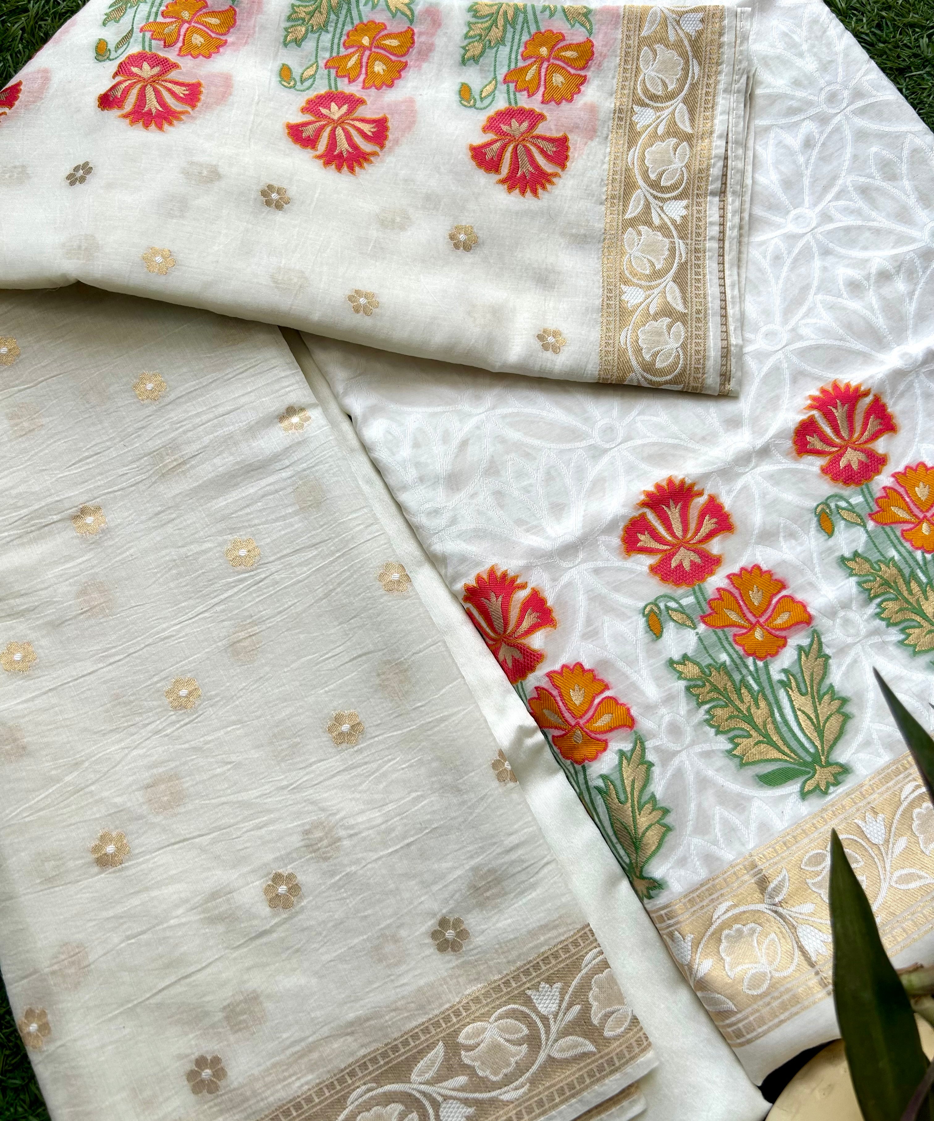 Off-White Zari Woven Mal Chanderi Unstitched Suit