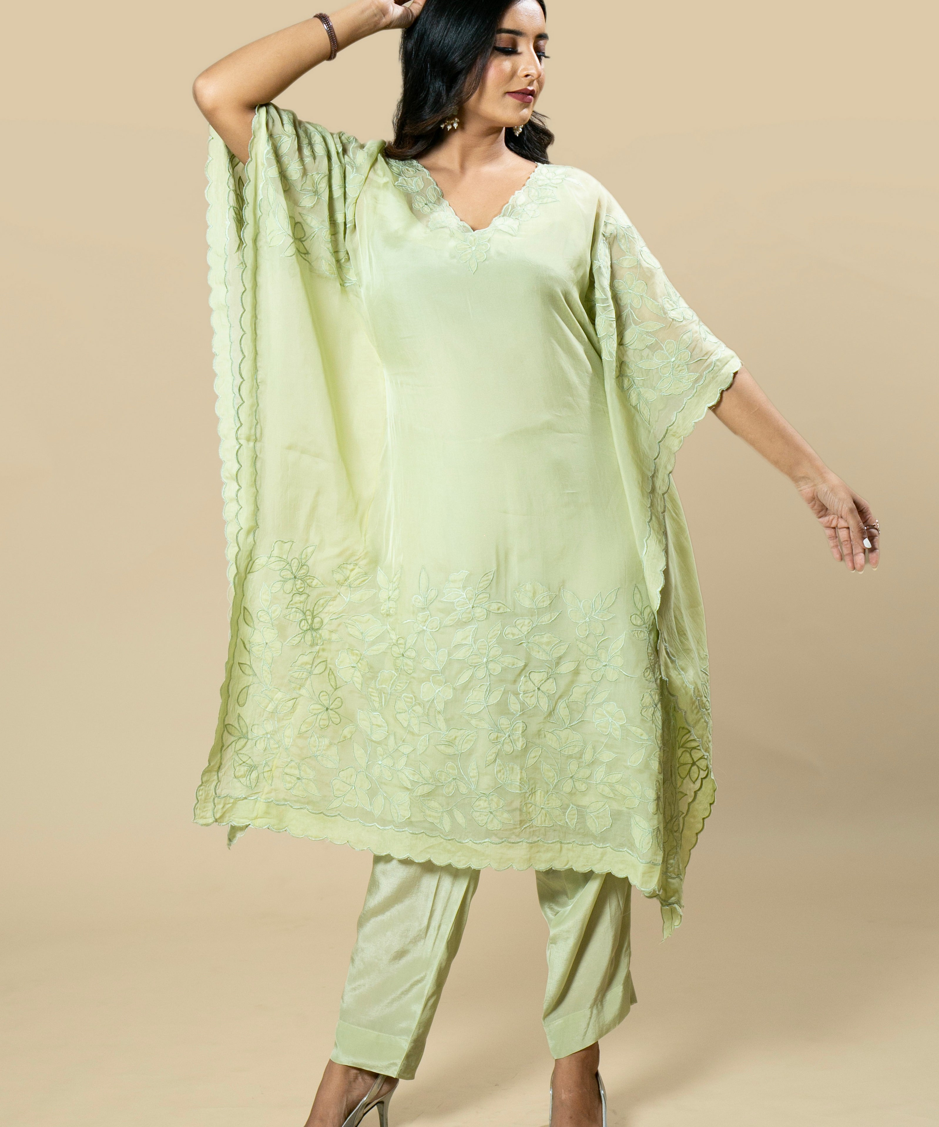 Georgette Organza Handcrafted Applique Lime Green kaftan