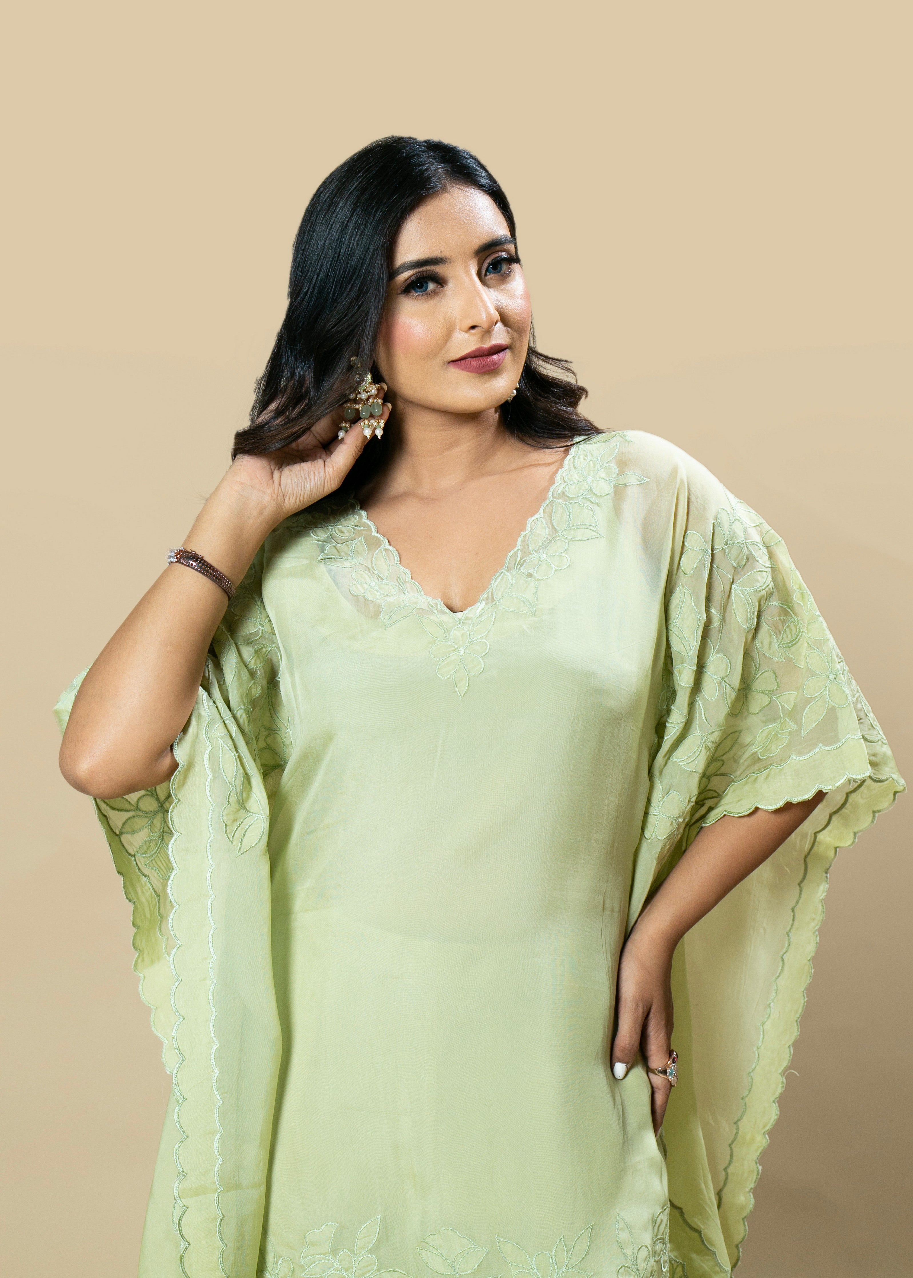 Georgette Organza Handcrafted Applique Lime Green kaftan House of Fakir Chand Georgette Organza Handcrafted Applique Lime Green kaftan House of Fakir Chand