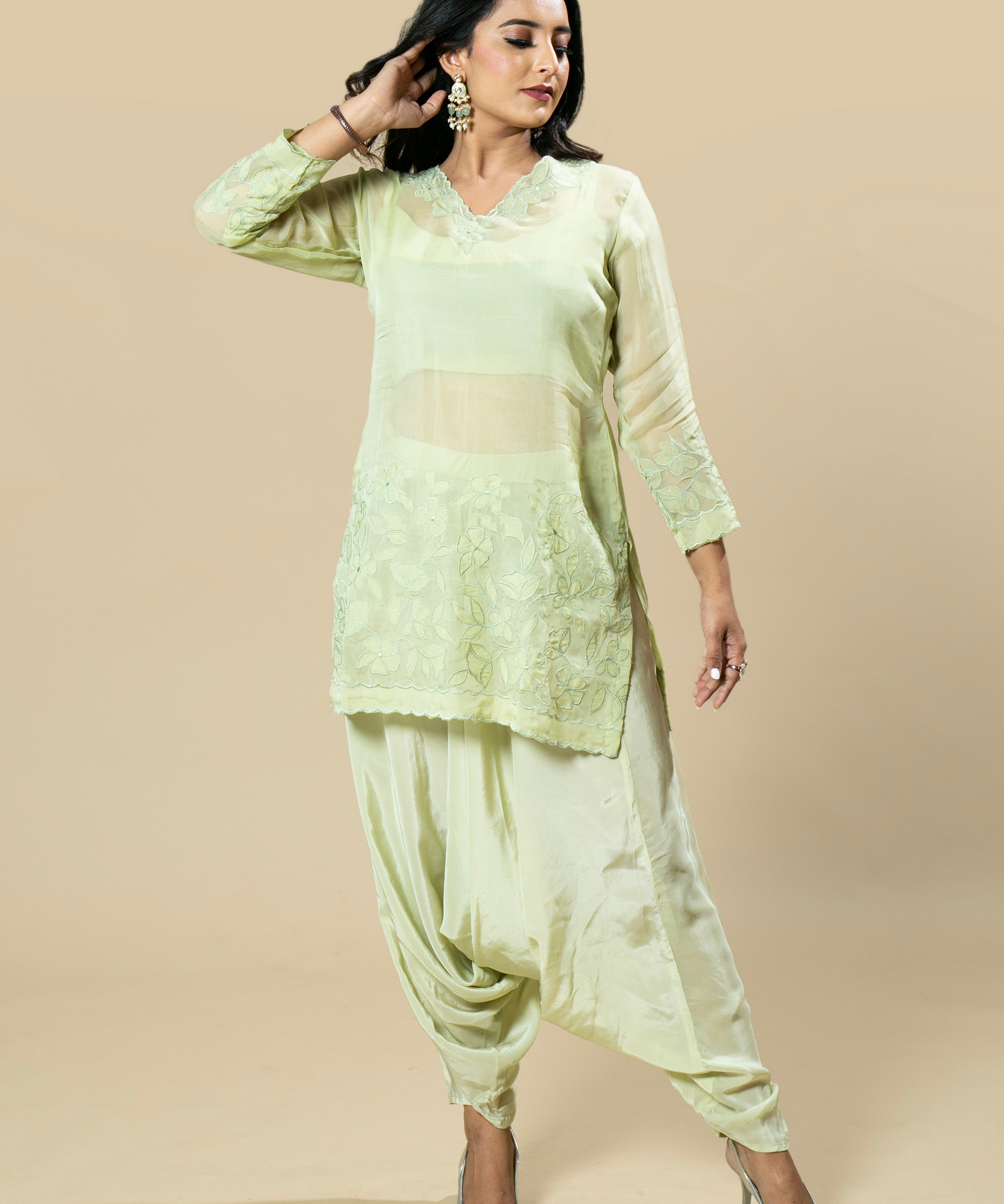 lime green Georgette Organza Handcrafted coord set