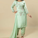 Lime Green Hand Embroidered Chinnon Designer Suit with Chiffon Dupatta