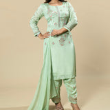 Lime Green Hand Embroidered Chinnon Designer Suit with Chiffon Dupatta